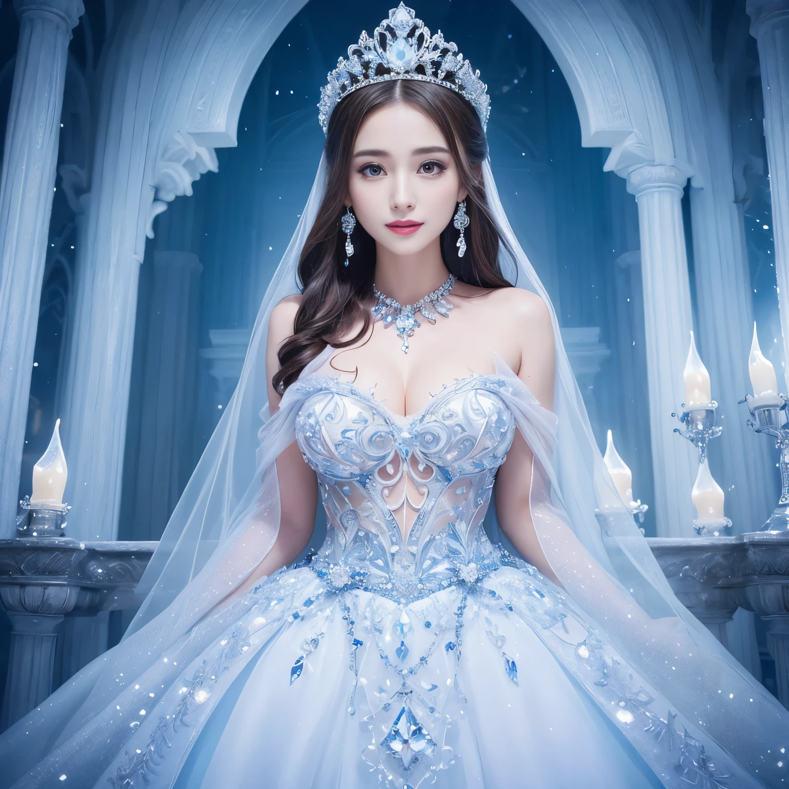 There is a woman in a white dress with a crown on her head., a Beautiful fantasy queen, ((Beautiful fantasy queen)), Portrait of a Princess, Works of art in the Gubes style. 5D CGI Anime Fantasy Artwork, 8K high definition detailed art