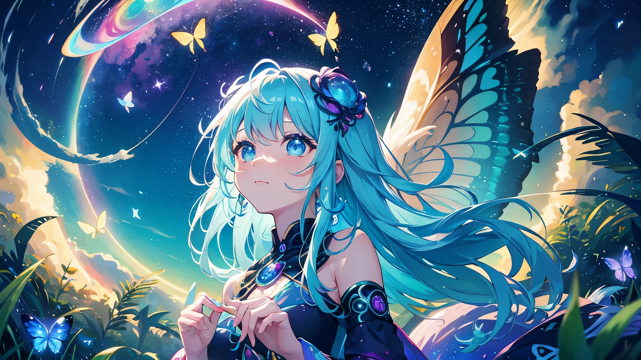 Cute iridescent round monster in space、Draw iridescent forest grass and butterflies flying over the water, Looking up at the starry sky. Surround her with colorful nebulae and colorful forests.