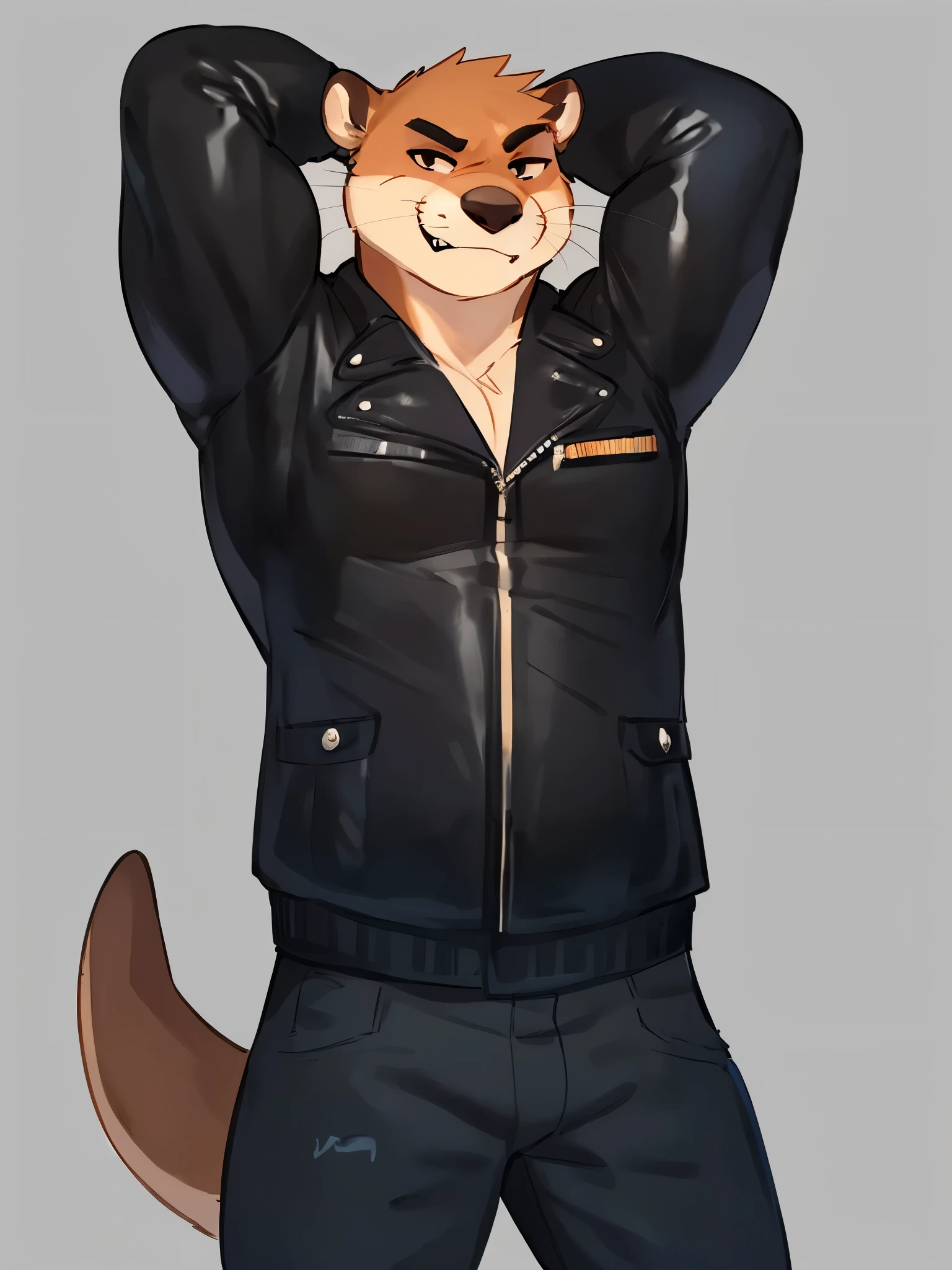 Masterpiece detailed portrait of a male anthro german shepherd, jacket open, underwear, underwear bulge, posted to e621, zaush, kenket, dramatic lighting, suggestive posing, sexy, seductive 1.3, seductive smile, suggestive grin