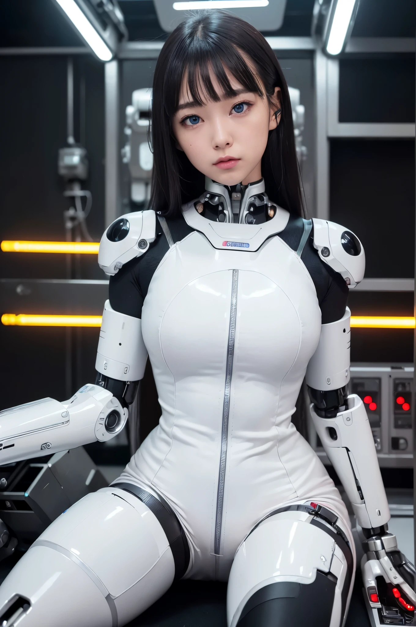 (RAW photo)(8K, 4K, Best Quality, hight resolution, Japaese Cyborg Girl,Plump , White boots,control panels,android,Droid,Mechanical Hand, ,clothes with a sense of mechanical technology, Robot arms and legs, Black Robot Parts,Black hair,Mechanical body,rompers,Blunt bangs,future laboratory,android factory,cyborg factory,robot factory,cyber pank,charging spot,long tube,thick cable connected her neck,bowing,maintainance her,repaired her,blue eyes,