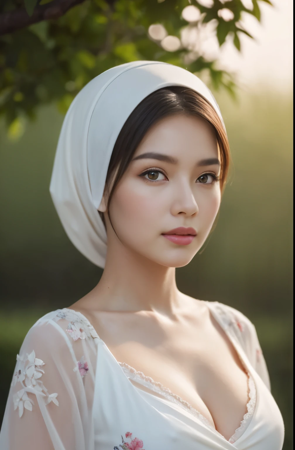 brownies, sky,moon, (Close-up of the painting style,Ultra HD 8K,Masterpiece grade CG wallpaper),Cinematic lighting,cute girly,Delicate and beautiful face,Dreamy pupils,Wearing nekomaid,round waist,hijabi,Bust poem,Sit,Cloudy background,the trees,florals,夏天,Chinese style buildings, cleavage, magical