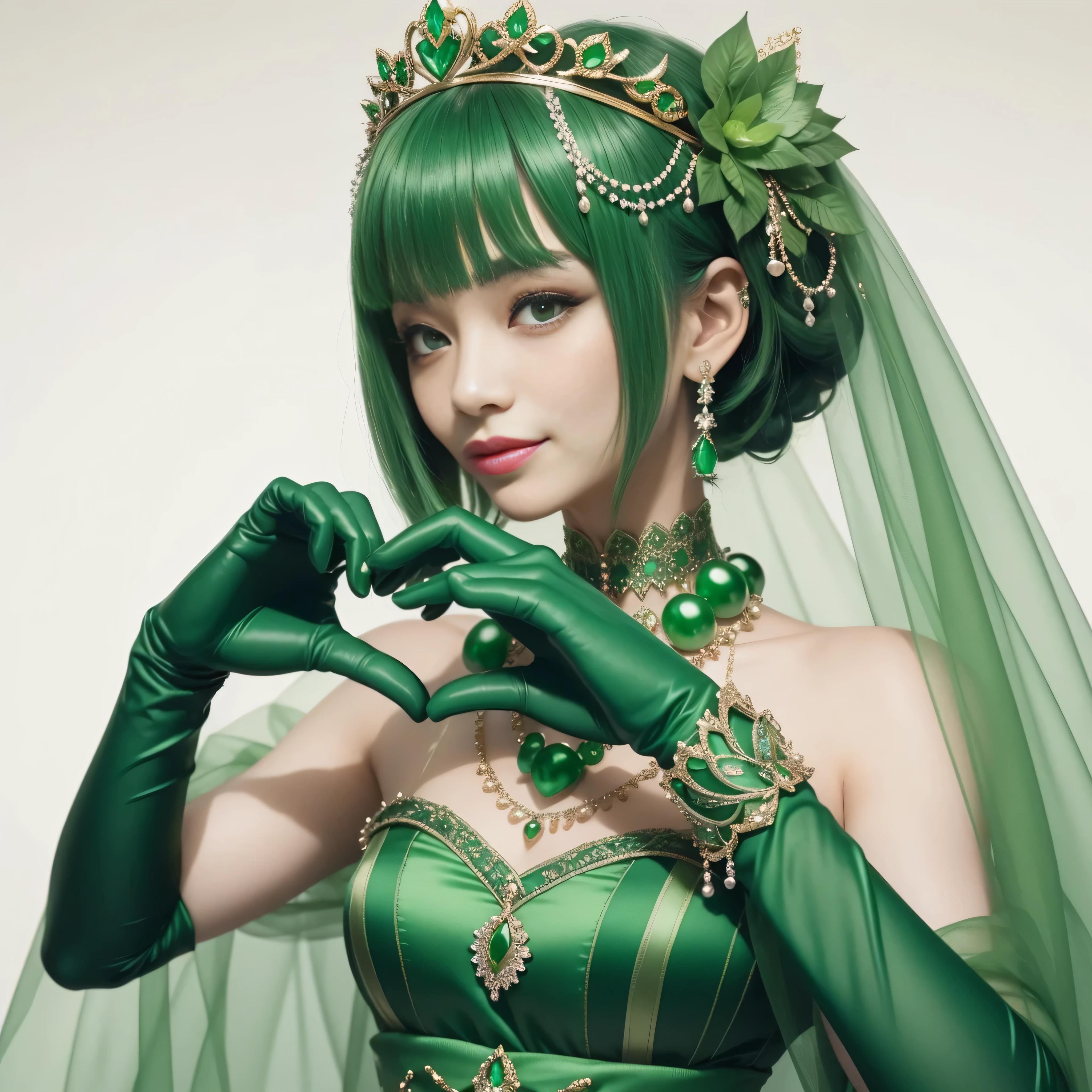 emerald tiara, green pearl necklace, ボーイッシュな非常に短いgreen hair, lipstick, smiling Japanese woman, very short hair, Beauty with large breasts, green eyes, Long Green Satin Gloves, green eyes, emerald earrings, green veil, heart with both hands, green hair, beautiful japanese woman, heart shaped hand:1.3, green lip gloss