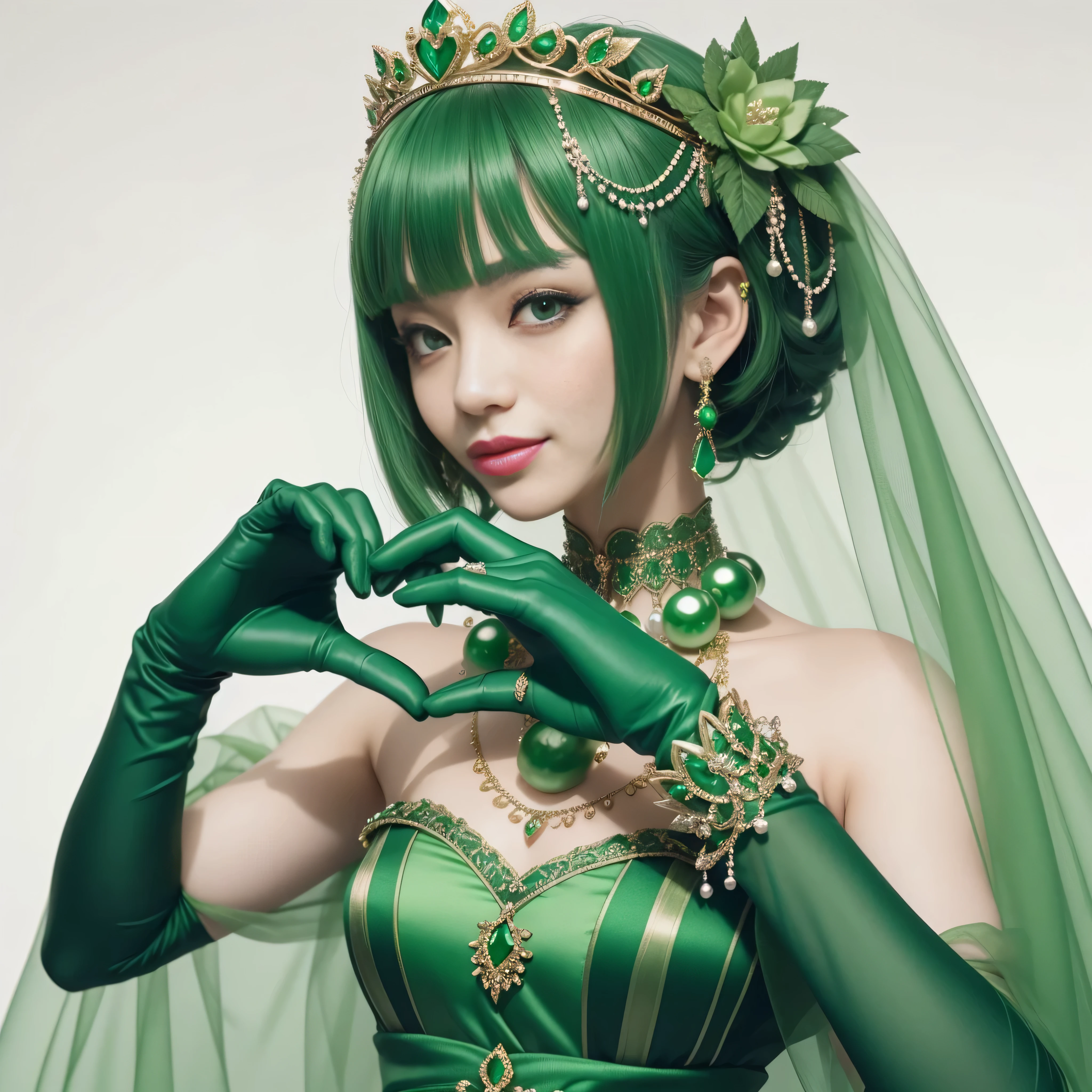 emerald tiara, green pearl necklace, ボーイッシュな非常に短いgreen hair, lipstick, smiling Japanese woman, very short hair, Beauty with large breasts, green eyes, Long Green Satin Gloves, green eyes, emerald earrings, green veil, heart with both hands, green hair, beautiful japanese woman, heart shaped hand:1.3, green lip gloss