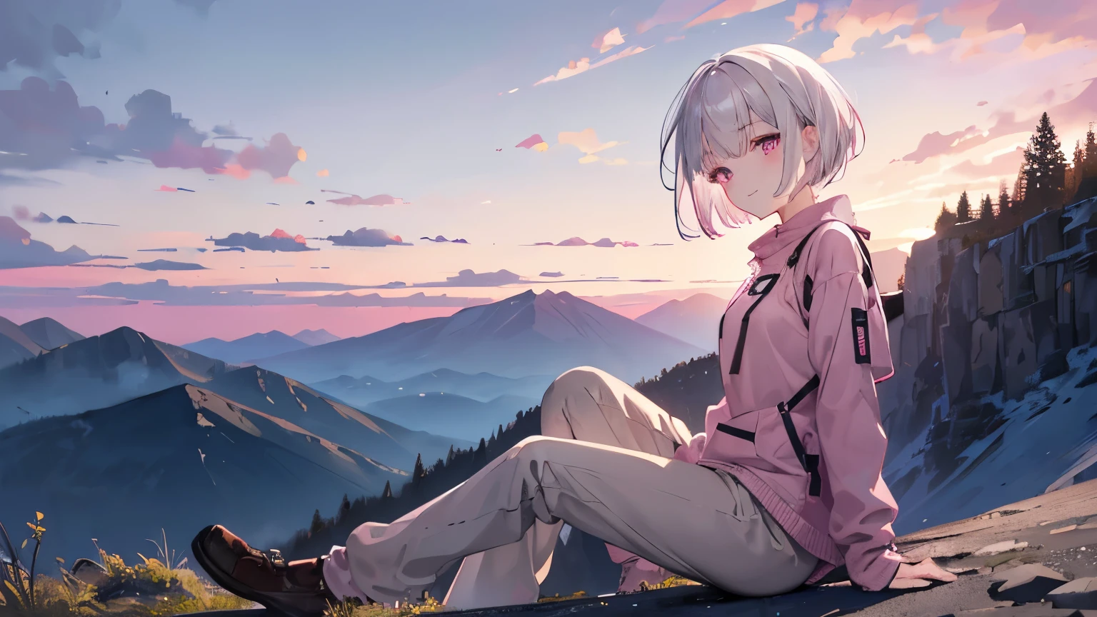 silver-haired pink woman, pink eyes, Very short hairstyle, (stare into the distance:1.2), pray, smile, mountain top, sit, (khaki clothes), Long sleeve trousers, wide angle lens, dramatic sunset, scattering of light,
Transparent of light, (masterpiece), (Best Quality, 8K, High resolution), Ultra-detailed