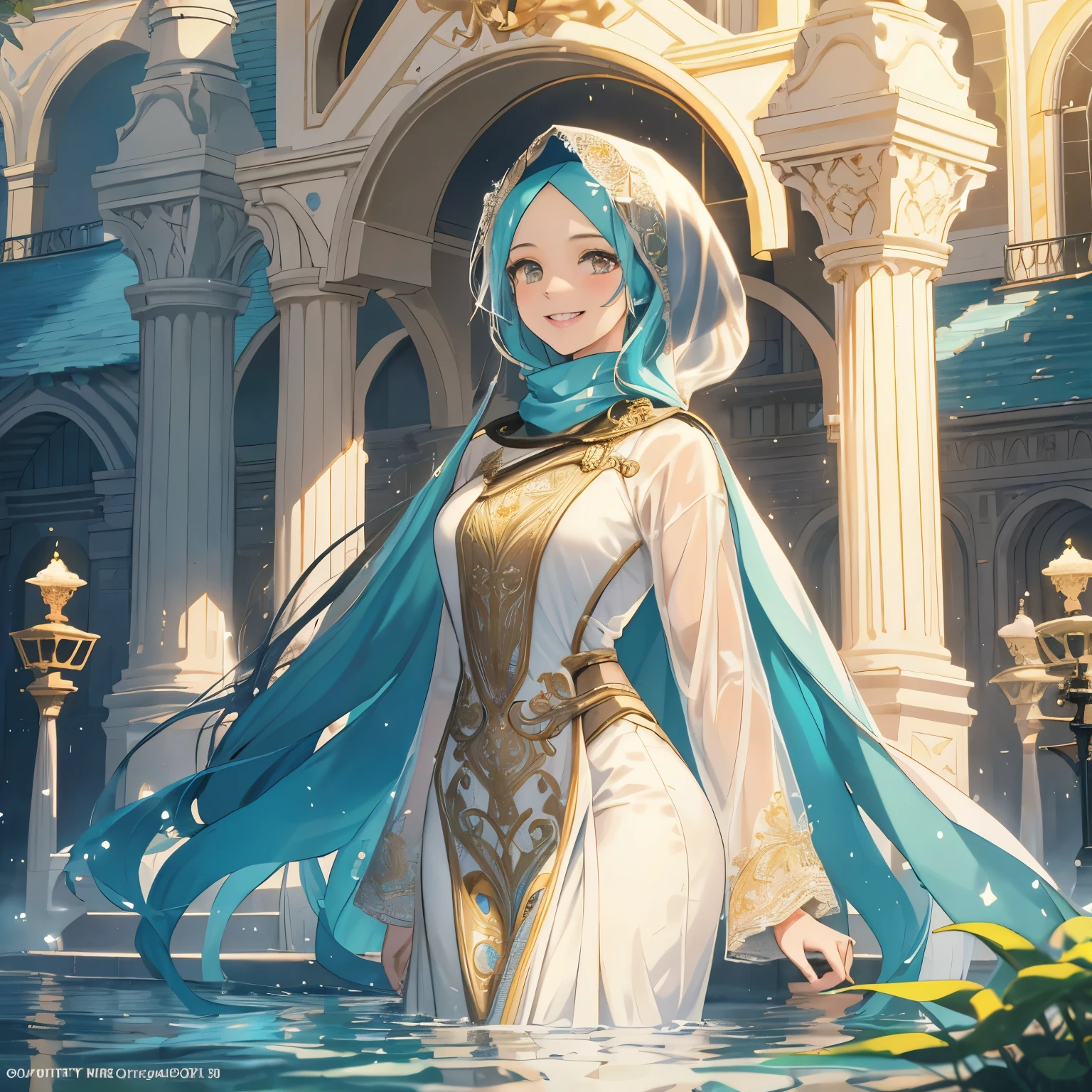 (Masterpiece: 1.2, 8k, best quality: 1.2), In the heart of the vibrant city, a stunning scene unfolds as a radiant young girl clad in a traditional hijabi uniform stands near a mesmerizing fountain. The sun casts a golden glow upon her wet, translucent skin, and her smile beams delightfully as she looks directly at the viewer. Dripping water cascades from her wet hair, leaving it glistening with the radiant light. Her uniform, a symphony of intricate patterns and elegant design, clings tightly to her body, revealing the curves of her soaked form. The wet fabric of her uniform