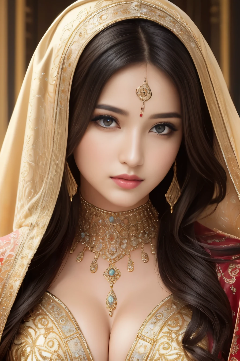 bellydancer, Absurd, ultra-detailed, high quality, masterpiece, detailed face, beautiful eyes(detailed eyes), Greek mythology, Goddess, Hera , the queen of the gods, striking and captivating, features are classically beautiful, with high cheekbones, a perfectly proportioned face, eyes depicted as large and captivating, hold an intense gaze,hijabi , wearing elegant robes adorned with intricate patterns , Her beauty is not merely superficial but embodies the essence of power, authority, and regality.