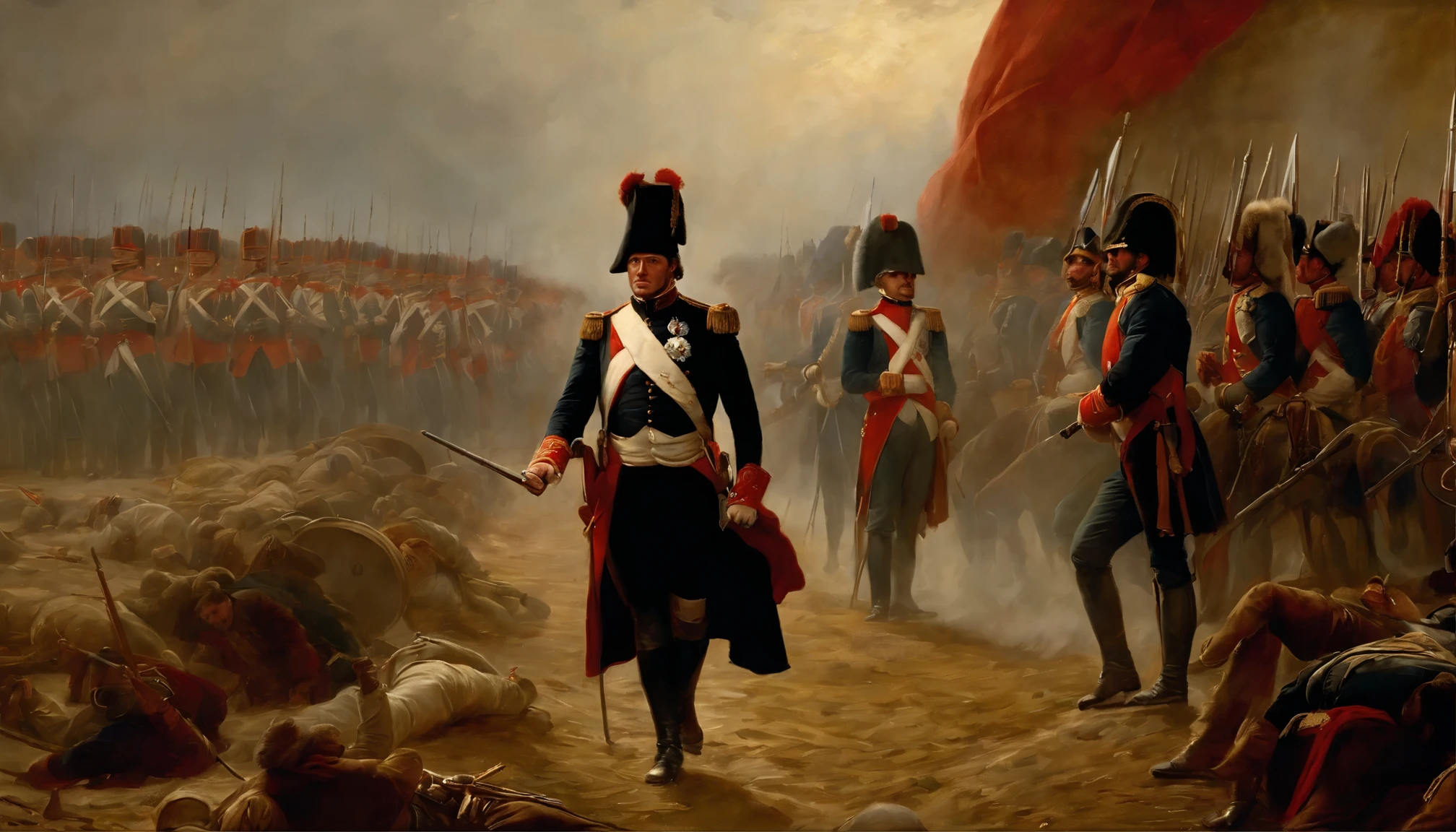 Napoleon Bonaparte's army, a formidable force that reshaped European history, is the focal point of this exquisite artistic portrayal. In this vibrant painting, the soldiers stand tall and resolute, their uniforms adorned with rich shades of red and gold, symbolizing their unwavering loyalty to their emperor. Each face is meticulously etched to display steely determination and unwavering resolve. The artist's masterful strokes capture the awe-inspiring grandeur of Napoleon's military might, leaving viewers captivated by the impeccable detail and lifelike quality of this breathtaking image.