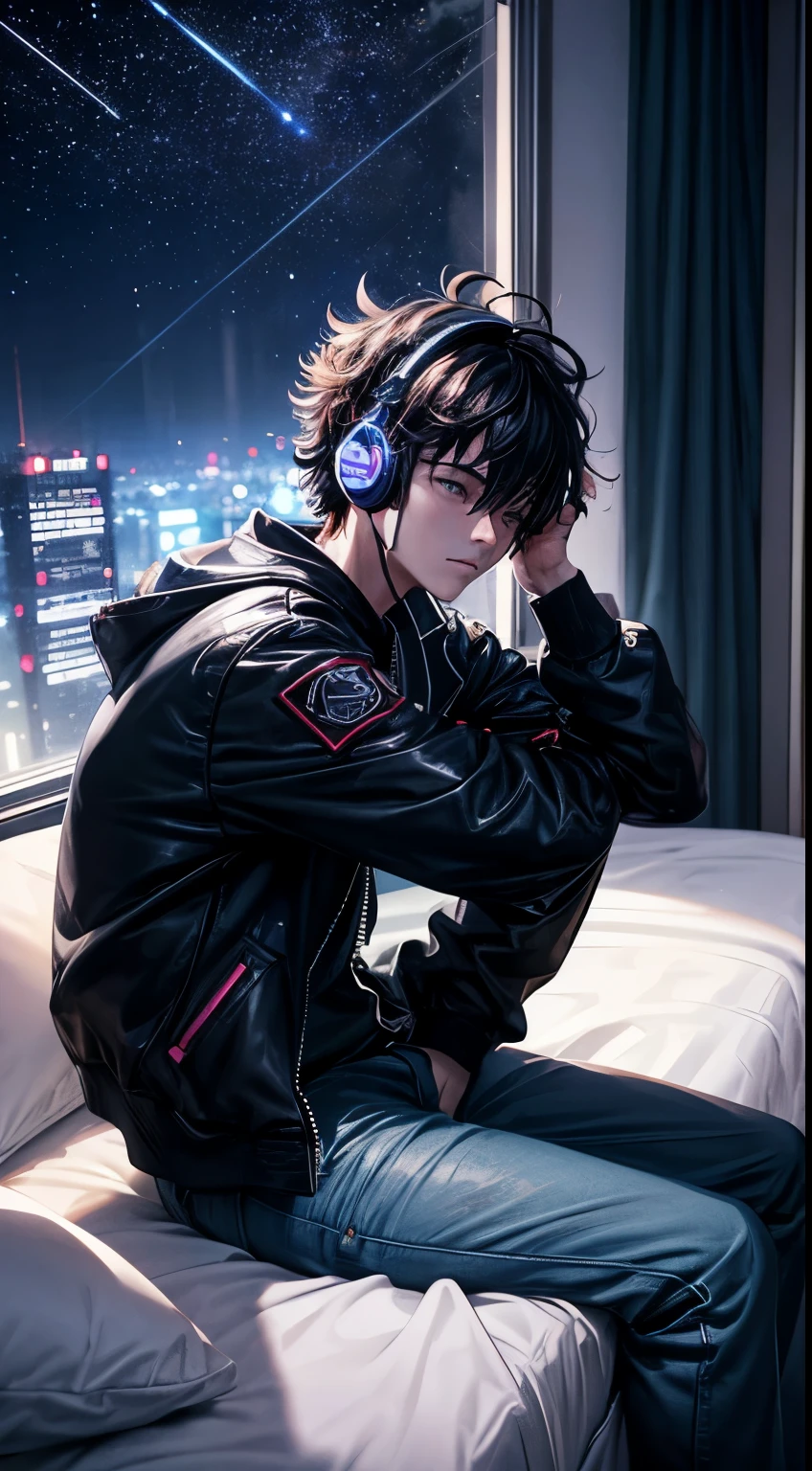 There is a Batman streamer playing with a gaming computer and headphones, 2D anime style artwork, boy with sweatshirt, cyberpunk style, Anime digital illustration, The boy is in front of the camera.