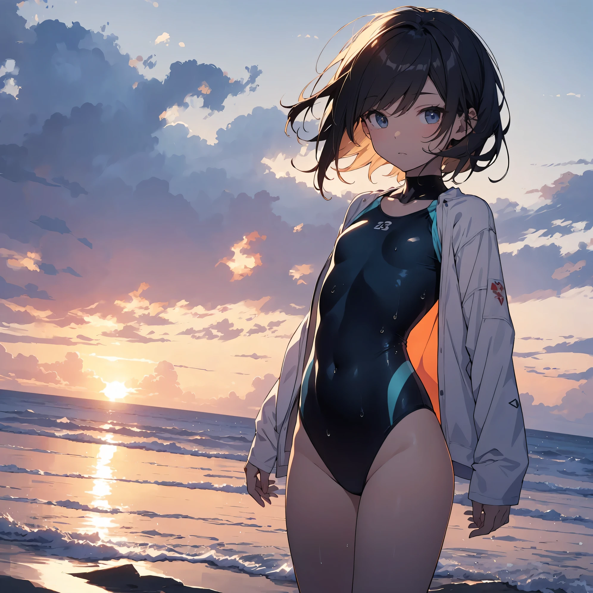 Super high quality by the art god, super detailed, High resolution, Kyoto animation style, anime moe art style, best anime 8K konachan wallpaper, pixiv contest winner, perfect anatomy, break,(Please draw a picture of a girl in a swimsuit walking on the beach alone. )break, 1 girl, (alone,little woman, lolita, , :1.3),All limbs, full finger,, The charm of an immature body, (very short hair), Wet hair, flat chest, small ass, between legs, small eyes, beautiful and fine eyes, Well-proportioned iris and pupils, expressive eyes, High resolutionの詳細な髪, Wet, shiny skin, swimsuit, (detailed lighting), (detailed background),On the private beach, break,super dense skin, Best lighting by famous artists, 8K, figure,UHD, rough skin