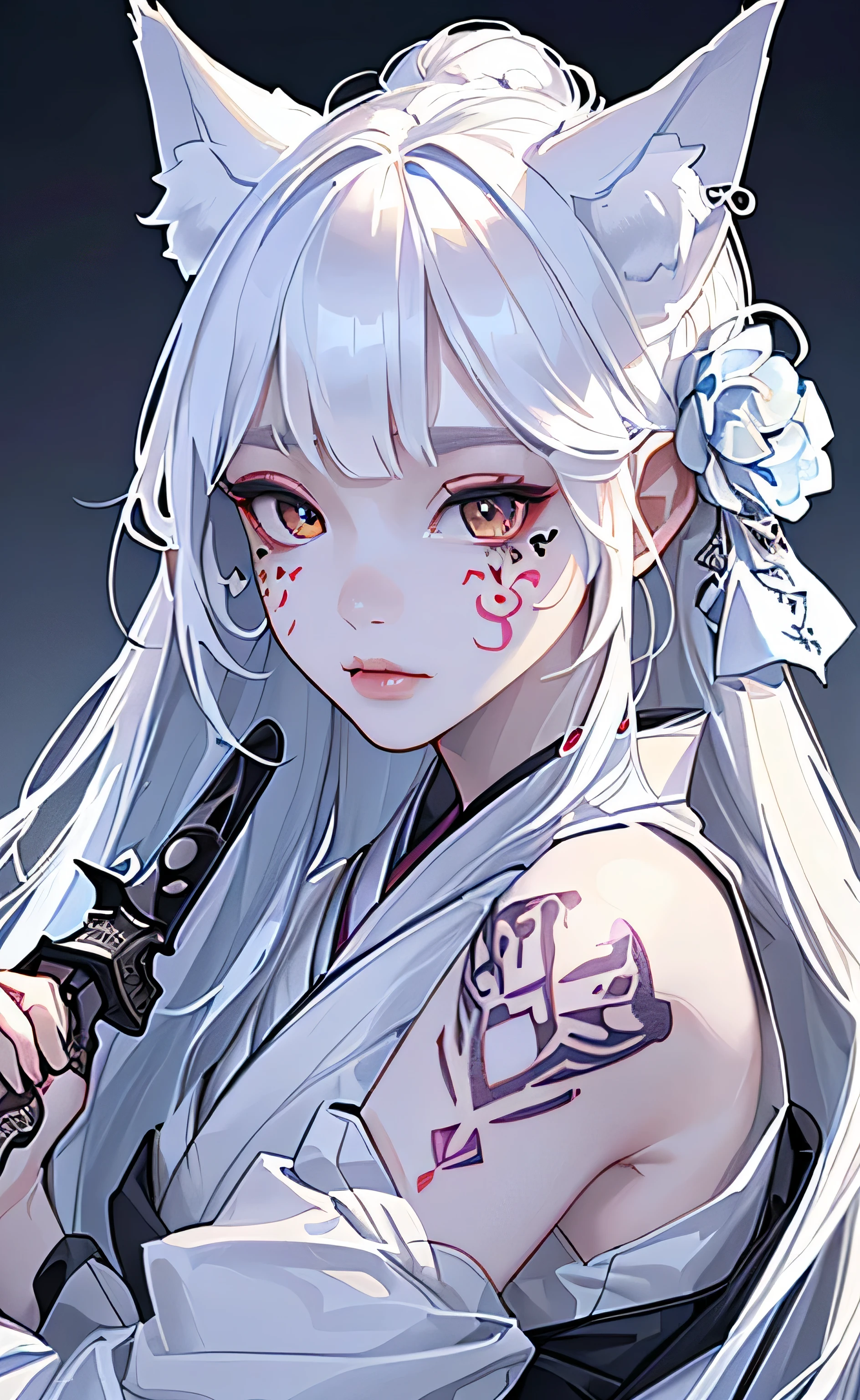 (Photoreal:1.3), masterpiece, highest quality, (intricate details:1.2), (landscape:1.3), beautiful face, (white theme:1.3),
(((1 girl、Girl in patterned kimono holding dagger in hand、(Take a look at Veiwer:1.3)、(face tattoos:1.2)、fox ears、
)))、Full body Esbian