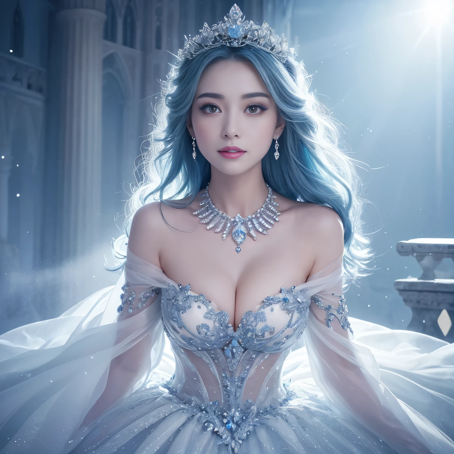 ((highest quality、table top、8K、best image quality、extremely complex and detailed depiction))、one snow princess、(The most detailed and luxurious shining ice palace cathedral:1.2)、(Inside a huge palace made of the most fantastic ice and crystals:1.2)、(The most fantastic cathedral made of intricate glowing ice:1.2)、(beautiful clear ice:1.1)、The background is a detailed ice palace、Beautiful dome-shaped ceiling、(A palace made of intricately shining transparent ice:1.2)、Elegant palace pillars made of ice and crystal、(A symmetrical composition from the front:1.2)、palace decorated with jewels、Inside the symmetrical palace、very romantic、sacred and mysterious palace、(Filled with a fantastic light blue light:1.1)、Beautiful shining crystal、The most luxurious and highest quality giant tiara、The most luxurious and highest quality giant necklace、big and full breasts、snow-white skin、glowing skin、(A glittering silver-white jeweled dress of the highest quality:1.1)、Elegant and beautiful pure white snow dress、elegant decoration、Diamond Decoration、artistic decoration、Luxury beyond imagination、The most gorgeous decorations in the world、Pure white makeup、Dresses that shine in silver、jewelry embellishments、Luxury beyond imagination、The most gorgeous decorations in the world、Diamond dust、The most realistic and complex backgrounds、Highly detailed and realistic background、the best smile when you look at me、beautiful snow is falling、(Princess upper body photo:1.2)、(blurred background:1.1)、(Fantastic fairy tale fog:1.15)、beautiful silver light blue hair、epic movie lighting、Natural forehead、Complex and detailed background、the most subtle sparkle、Backgrounds with depth、low contrast