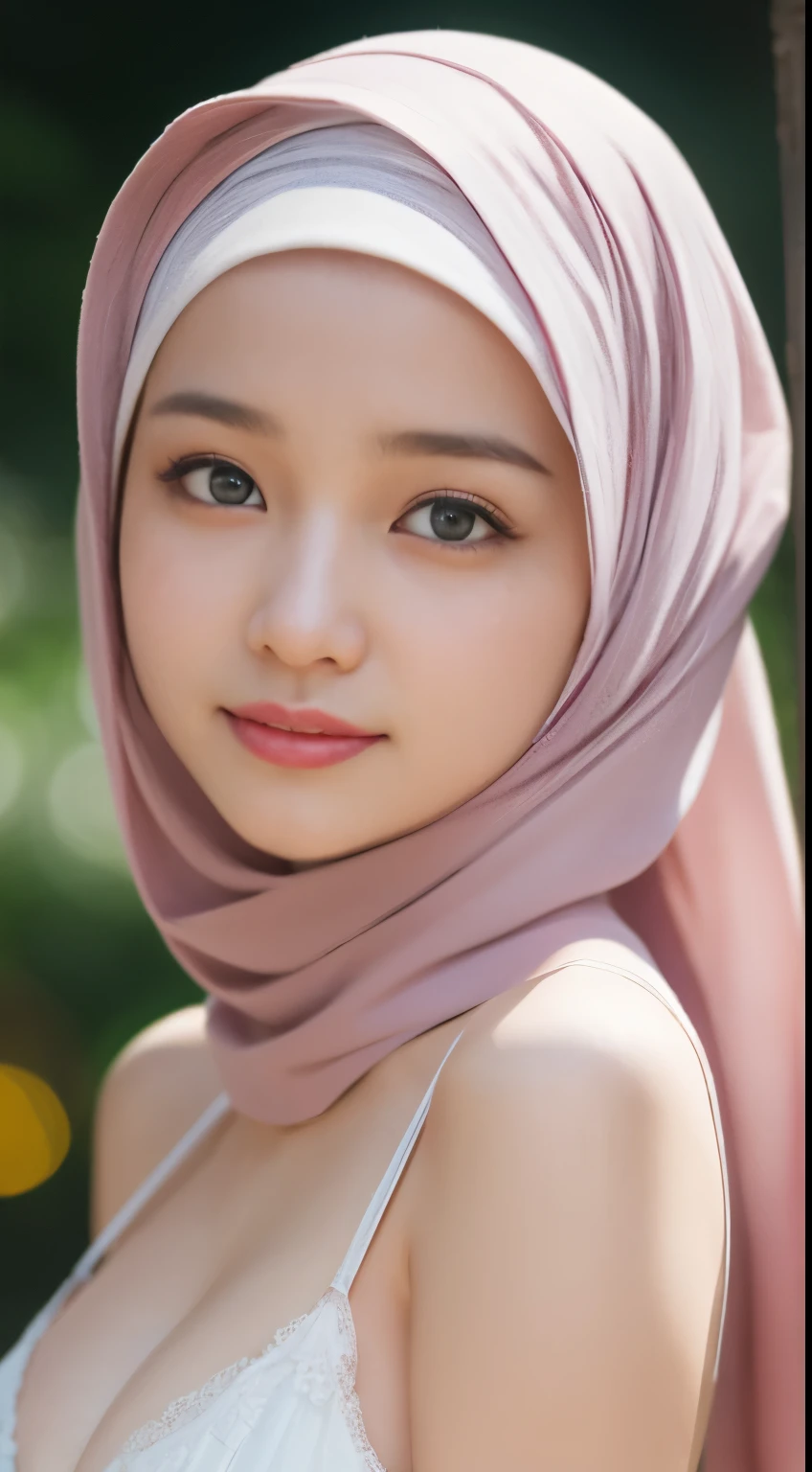 ((lebanese)), ((hijabi)), cleavage, masterpiece, best quality, 8k, , , raw photo, absurdres, award winning portrait, solo, night, neon, idol face, violaceaess, gardeniass, delicate girl, upper body, DSLR, looking at viewer, candid, sophisticated, youthful, smile, professional lighting, film grain, chromatic aberration, (detailed eyes and face:1.0), (bokeh:1.1)