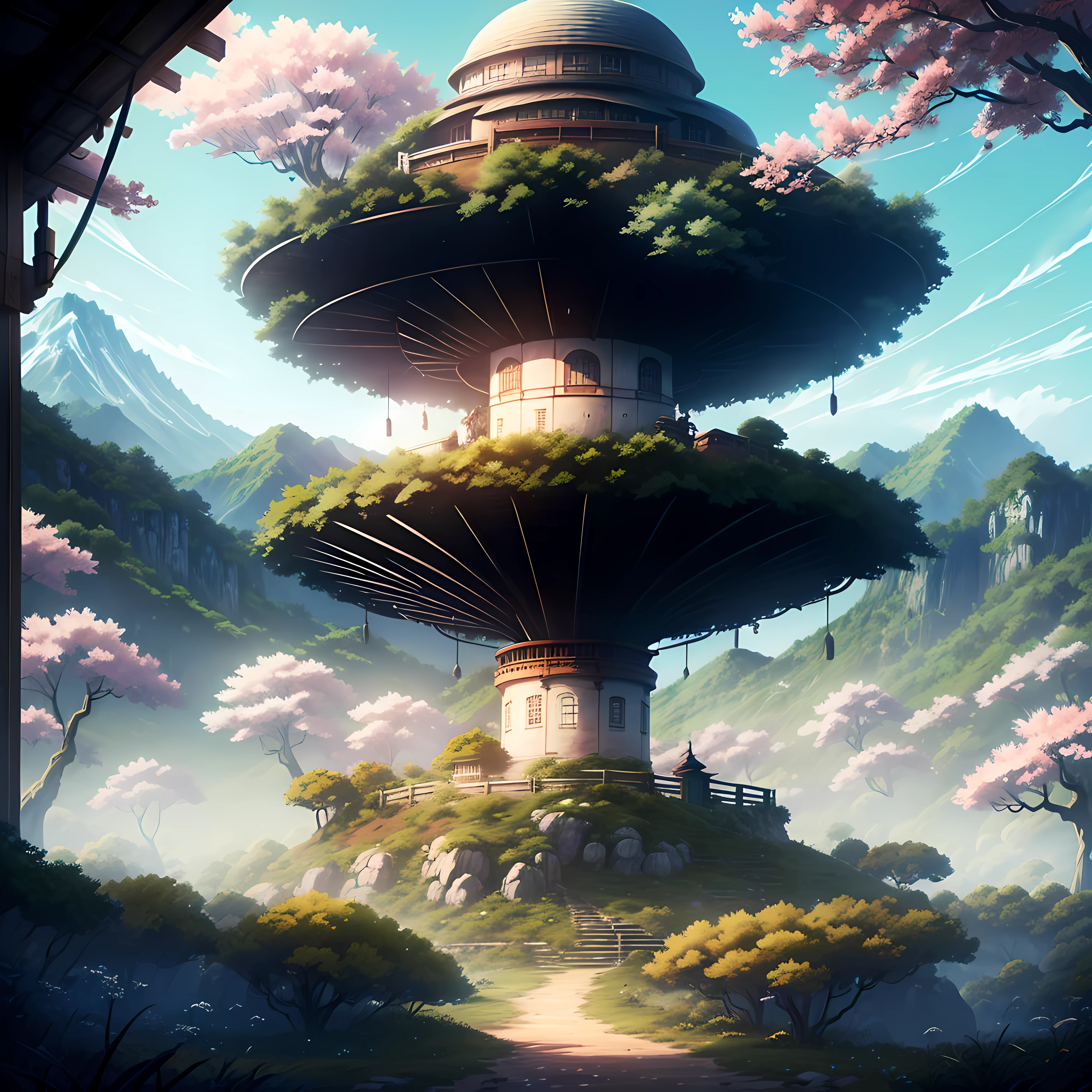 Il y a un garçon en kimono qui marche dans un village japonais. Le soleil se couche. Le village se trouve dans les montagnes. Il y a beaucoup d'arbres et de cerisiers. Fleurs de glycines. Il y a des lanternes dans le village. Le soleil se couche. Paysages animés, Peinture numérique d'une pagode, Paysage détaill paysage de campagne animé, Paysage japonais, paysage des studios Ghibli, réalisé avec le studio de peintre d'animé, inspiré de Josetsu, beau paysage animé, montagnes du japon, peint dans un studio de peintre d'animé, campagne au japon, Inspiré par Makoto Shinkai