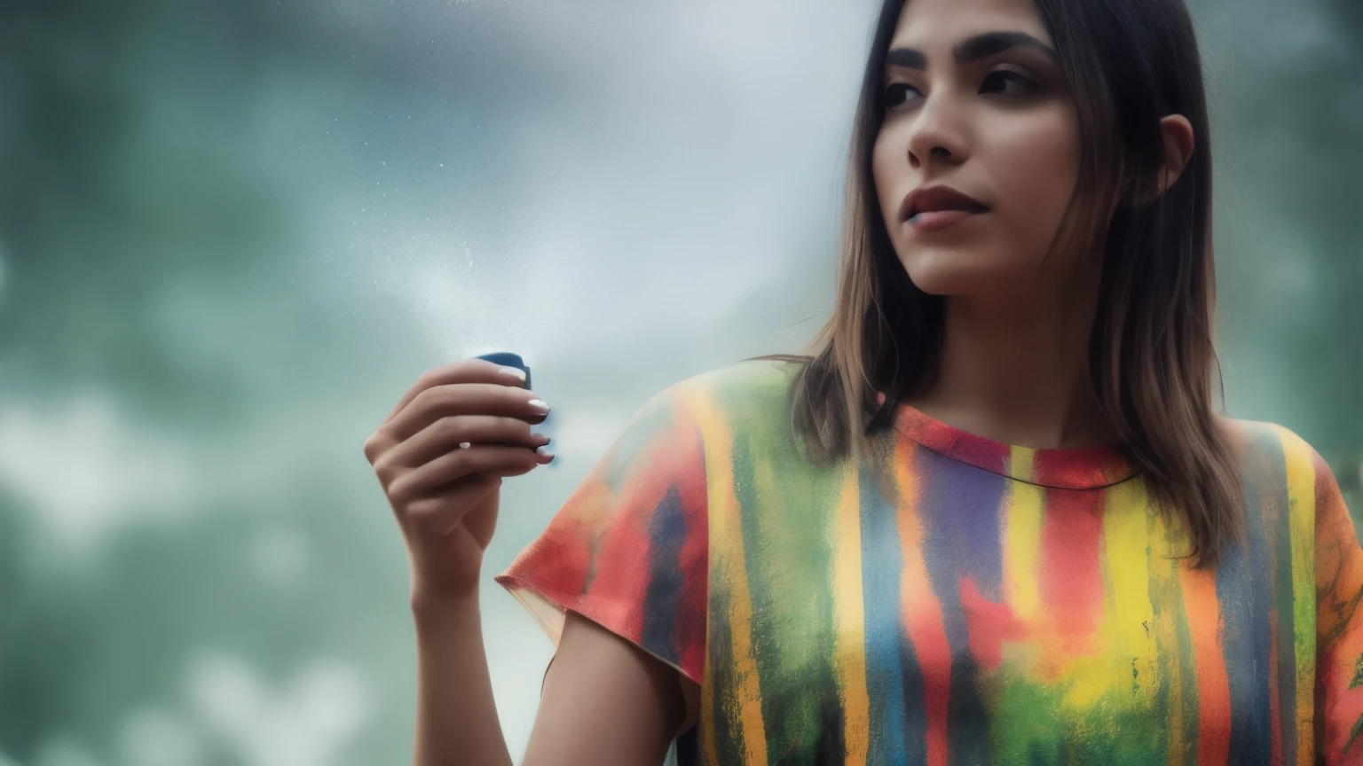 hyper ultra realistic photographs full body of Photo of excited funky girl dressed colourfull top rising fist chatting modern gadget empty space isolated solid color background ratio 16:9, 4k, 8k resolution, High quality photo, high detailed, imagesharp focus, Cinematic lighting,hyperdetailed & Unreal engine, detail, realism, photography,cinematography, camera NIKON, lens NIKKOR flagship, masterpiece. hyper-maximalism, ultradetailed photorealistic, light skin imperfections, final render, vray, photo, fashion