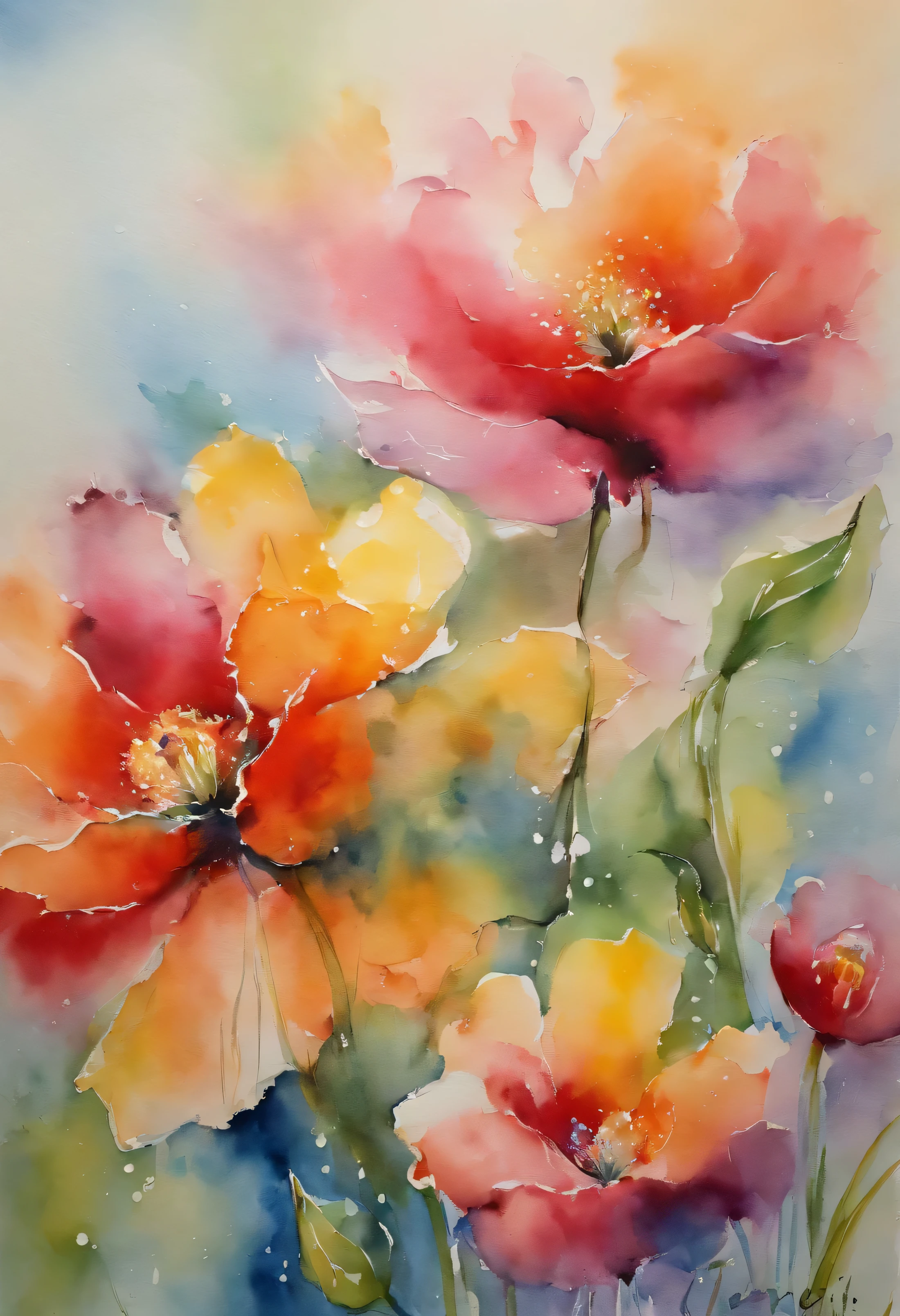 Reverse watercolor. Charming 100% Reverse watercolor , Filled with Mary Cassatt&#39;s delicate strokes , This image depicts a colorful watercolor painting of watercolor flowers. Many flowers are depicted, Each is painted in vibrant colors like red, Pink color, orange, And blue.   Colors that seem to flow and blend with the flowers, Create an ethereal effect. Because of the watercolor technique used, There is no clear distinction between the elements, The palette features soft edges and blended shadows.
