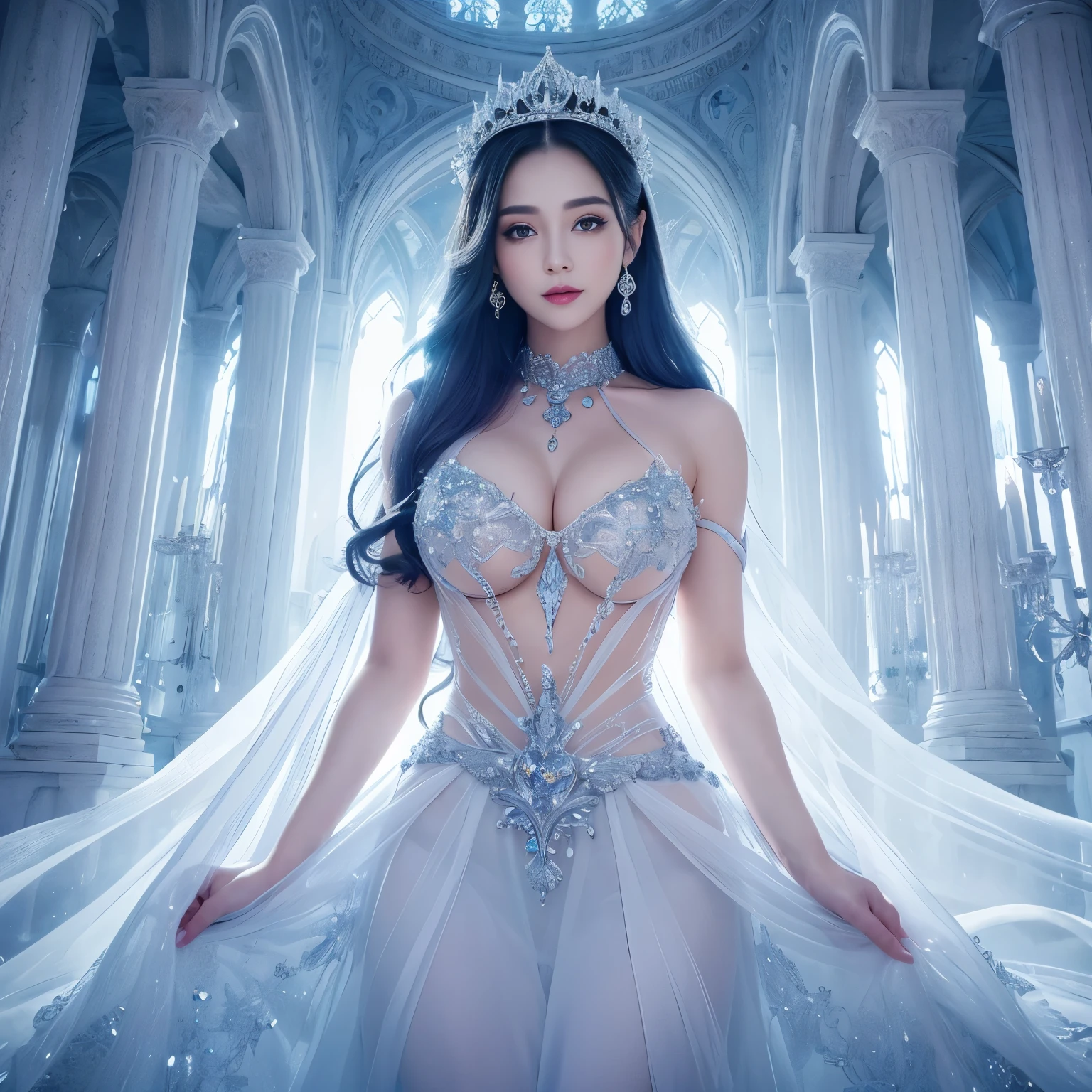 ((highest quality、table top、8K、best image quality、extremely complex and detailed depiction))、one snow princess、(The most detailed and luxurious shining ice palace cathedral:1.2)、(Inside a huge palace made of the most fantastic ice and crystals:1.2)、(The most fantastic cathedral made of intricate glowing ice:1.2)、(beautiful clear ice:1.1)、The background is a detailed ice palace、Beautiful dome-shaped ceiling、(A palace made of intricately shining transparent ice:1.2)、Elegant palace pillars made of ice and crystal、(A symmetrical composition from the front:1.2)、palace decorated with jewels、Inside the symmetrical palace、very romantic、sacred and mysterious palace、(Filled with a fantastic light blue light:1.1)、Beautiful shining crystal、The most luxurious and highest quality giant tiara、The most luxurious and highest quality giant necklace、big and full breasts、snow-white skin、glowing skin、(A glittering silver-white jeweled dress of the highest quality:1.1)、Elegant and beautiful pure white snow dress、elegant decoration、Diamond Decoration、artistic decoration、Luxury beyond imagination、The most gorgeous decorations in the world、Pure white makeup、Dresses that shine in silver、jewelry embellishments、Luxury beyond imagination、The most gorgeous decorations in the world、Diamond dust、The most realistic and complex backgrounds、Highly detailed and realistic background、the best smile when you look at me、beautiful snow is falling、(Princess upper body photo:1.2)、(blurred background:1.1)、(Fantastic fairy tale fog:1.15)、beautiful silver light blue hair、epic movie lighting、Natural forehead、Complex and detailed background、the most subtle sparkle、Backgrounds with depth、low contrast