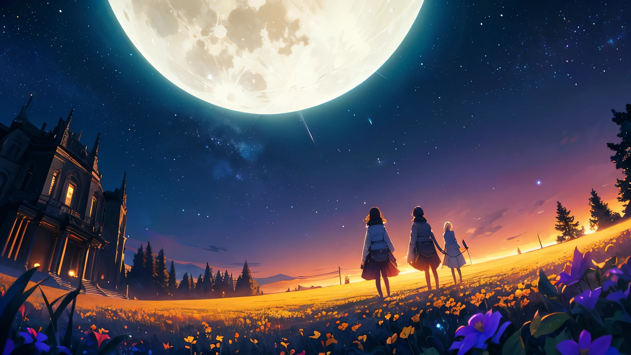 Expansive landscape photograph, (view from below with a view of the sky and the wilderness below), little girl standing in a flower field looking up, (full moon: 1.2), (shooting star: 0.9), (nebula: 1.3), distant mountain, tree break production art, (warm light source: 1.2), (firefly: 1.2), lamp, purple and orange, intricate detail, volume lighting BREAK (masterpiece: 1.2), (highest quality ), 4k, ultra-detailed, (dynamic configuration: 1.4), highly detailed and colorful details (iridescent: 1.2), (sparkling lighting, atmospheric lighting), dreamy, magical, (solo: 1.2)