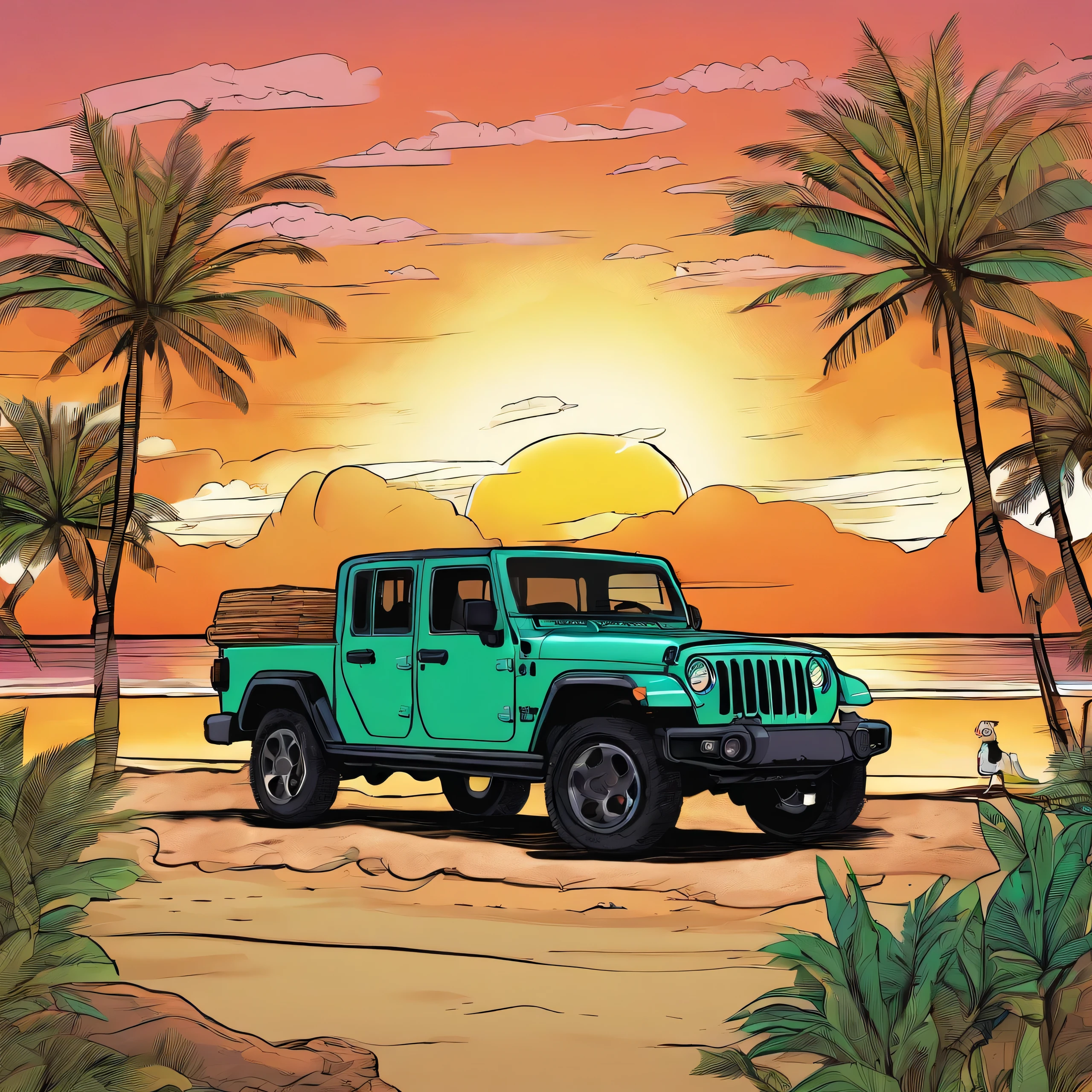 sticker design, Jeep Gladiator Gravity,  Sunset background, palmeiras, 5 layers of color, Beach by the sea,