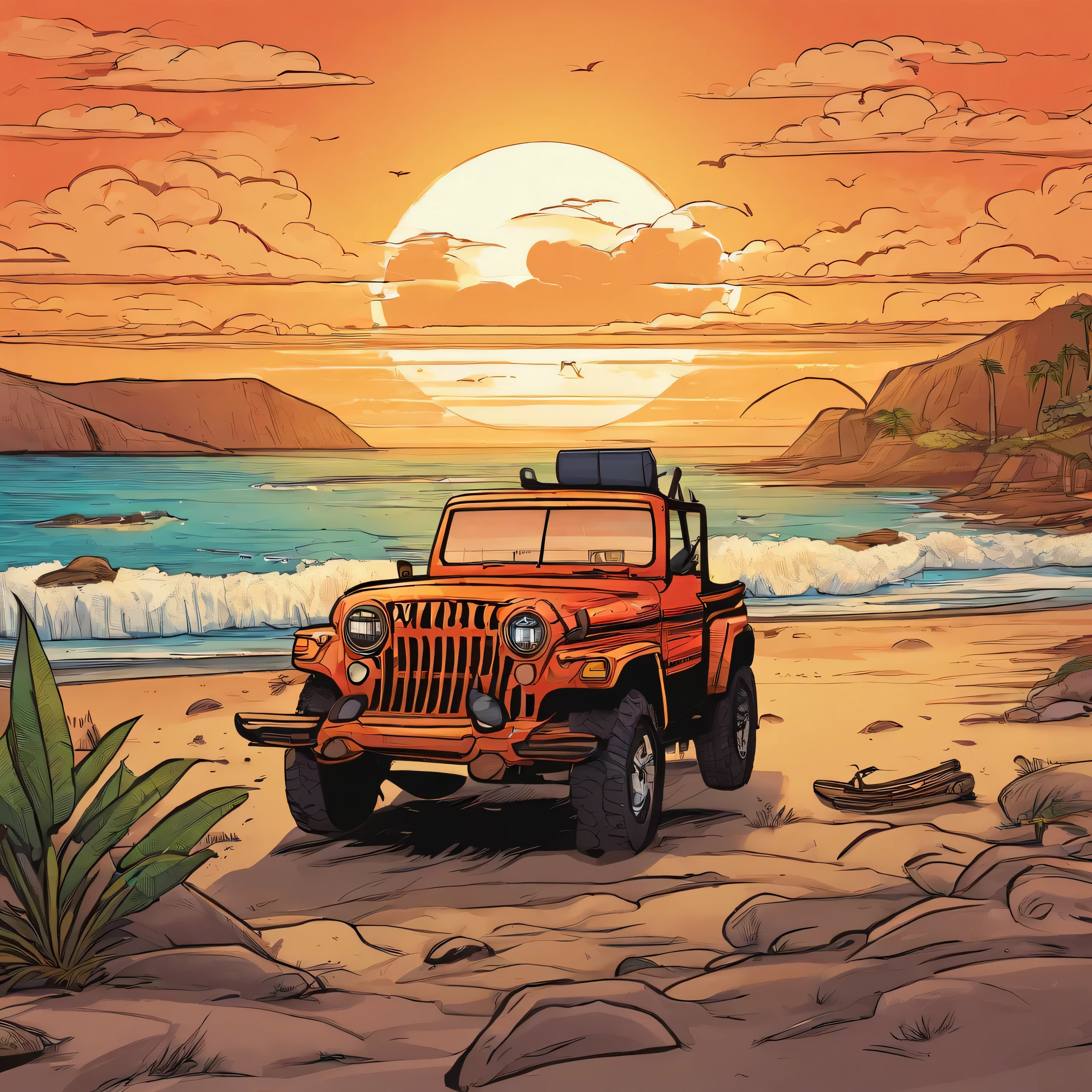 sticker design, Jeep Gladiator Gravity, Sunset background, palmeiras, 5 layers of color, Beach by the sea,