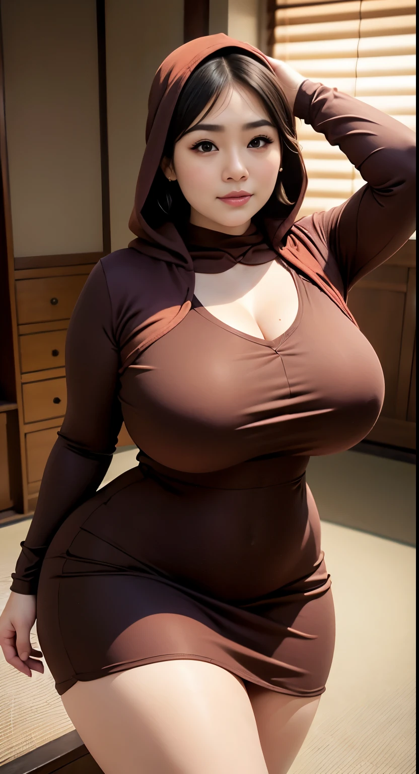 there is a woman random poses with a longest brown and red , chan, thicc, brown outfit, brown hijab fashion model, korean girl, korean woman, wearing brown robe, full length shot, alluring plus sized model, japanese goddess, clothed in hooded, voluptuous and arousing, portrait shot, curvy model, voluptuous body, wonderful, nene tanaka body , bbwn, The overall atmosphere is smooth , haunting illustrations, extremely high-resolution details, photographic, realism pushed to extreme, fine texture, 4k, ultra-detailed, high quality, high contrast, red Color sneakers, bob hairstyle , short hairstyle , baby face , full body view , big cleavapits , wet armpits , lactating breast