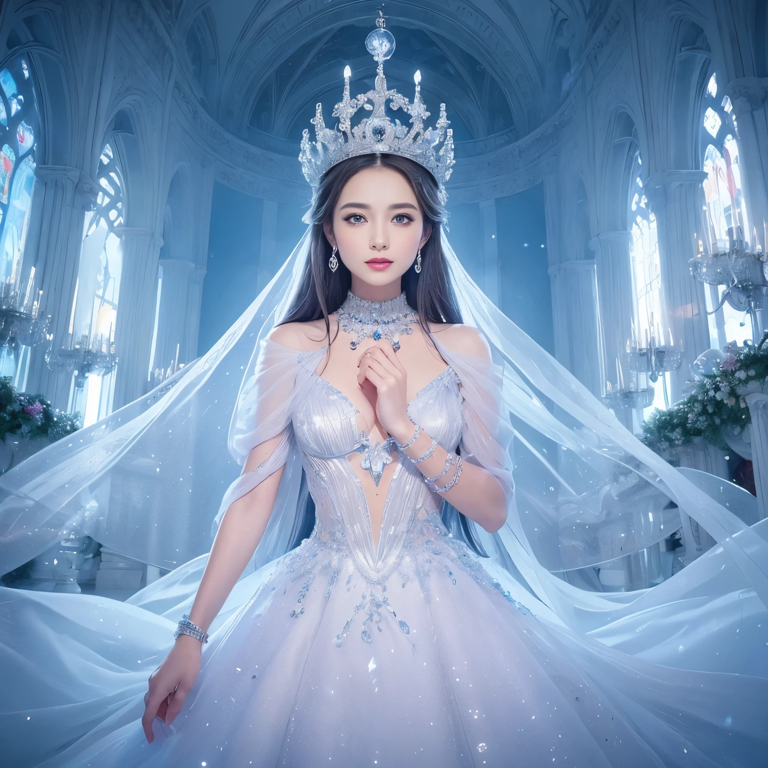 ((highest quality、table top、8K、best image quality、extremely complex and detailed depiction))、one snow princess、(Snow Maiden in the most luxurious palace made of ice:1.1)、(The most elaborate and luxurious sparkling ice palace cathedral:1.2)、(Inside the most fantastic giant palace made of ice:1.2)、(The most fantastic cathedral made of intricate glowing ice:1.2)、(beautiful transparent ice:1.1)、The background is a detailed ice palace、beautiful domed ceiling、(A palace made of intricately shining transparent ice:1.2)、(Elegant palace columns made of ice and crystal:1.05)、(Symmetrical composition seen from the front:1.2)、jeweled palace、Inside the symmetrical palace、(very romantic:1.05)、sacred and mysterious palace、(Filled with fantastic light blue light:1.1)、Beautiful shining crystal、The most luxurious and highest quality giant tiara、The most luxurious and highest quality giant necklace、[big breasts]、(skin as white as snow:1.05)、glowing skin、(A glittering silver-white jeweled dress of the highest quality:1.1)、Elegant and beautiful pure white snow dress、elegant decoration、Diamond Decoration、artistic decoration、Luxury beyond imagination、The most gorgeous decorations in the world、pure white makeup、Dresses that shine in silver、jewelry embellishments、Luxury beyond imagination、The most gorgeous decorations in the world、Diamond dust、The most realistic and complex backgrounds、Highly detailed and realistic background、the best smile when you look at me、(beautiful snow is falling:1.05)、(Princess upper body photo:1.2)、(blurred background:1.1)、(mysterious fairy tale fog:1.15)、beautiful silver light blue hair、amazing movie lighting effects、Natural forehead、Complex and detailed background、the most delicate shine、Backgrounds with depth、low contrast、(Surrounded by a fantastic soft light:1.1)