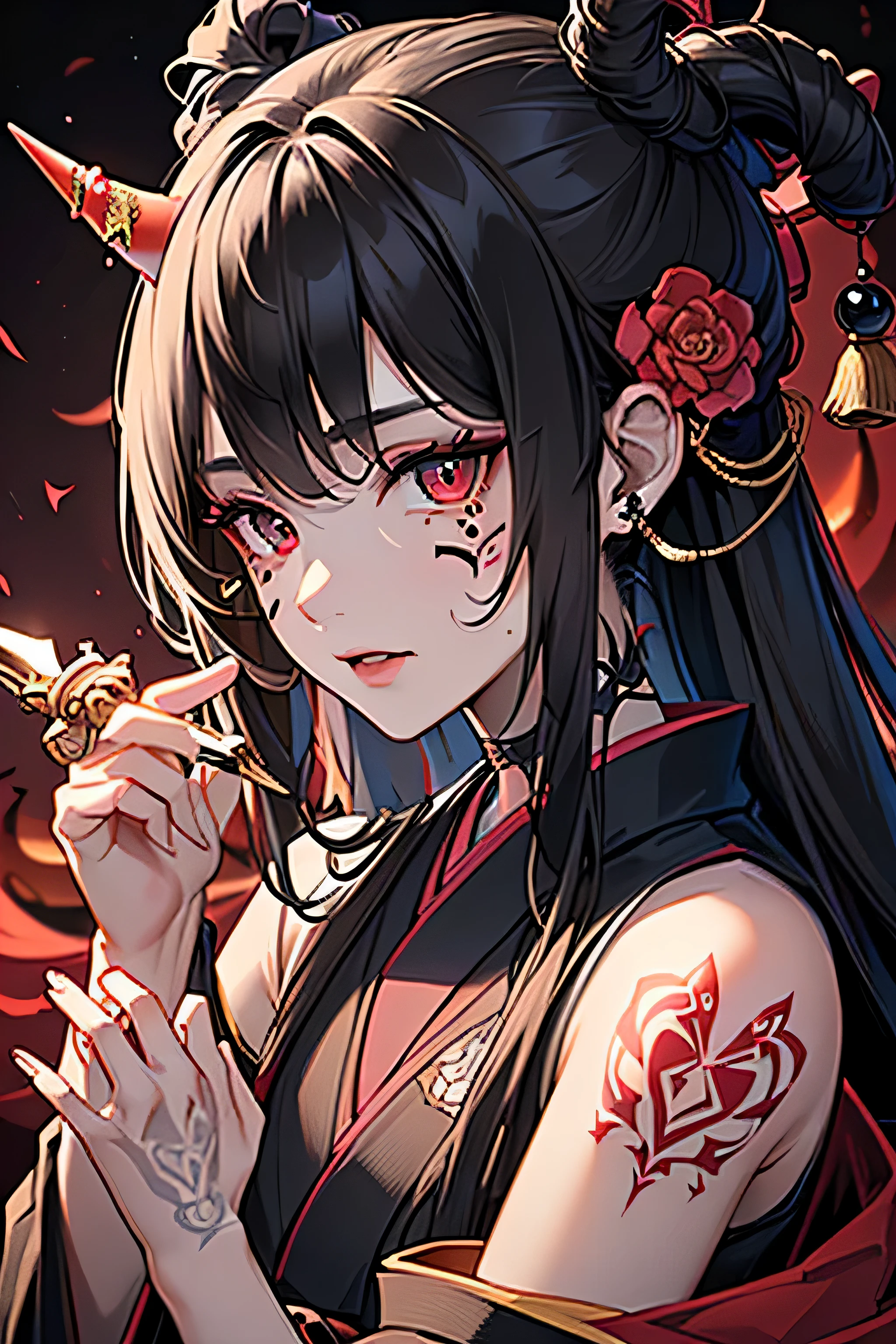 (realistic:1.3), masterpiece, highest quality, (intricate details:1.2), (scenery:1.3), beautiful face, (black theme:1.3),
(((1 girl, A girl wearing a patterned kimono is holding a tanto, (look at the observer:1.3), (face tattoo:1.2), small demonic horns,
))), whole body, split in half