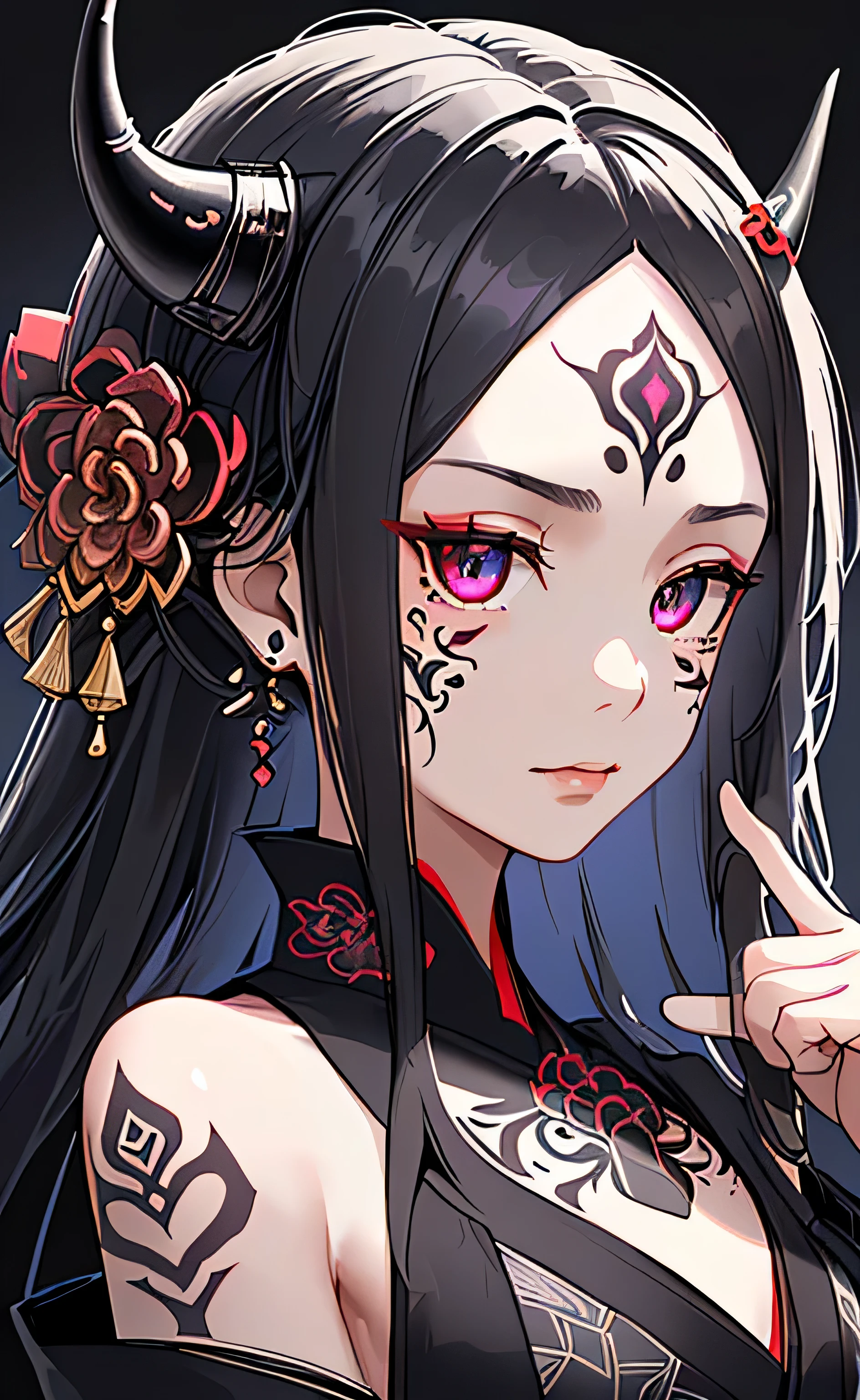 (realistic:1.3), masterpiece, highest quality, (intricate details:1.2), (scenery:1.3), beautiful face, (black theme:1.3),
(((1 girl, A girl wearing a patterned kimono is holding a tanto, (look at the observer:1.3), (face tattoo:1.2), small demonic horns,
))), whole body, split in half