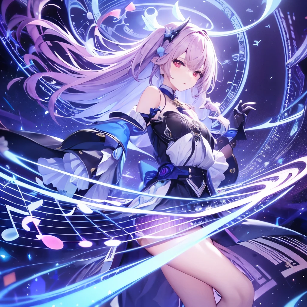 (highest quality), (very detailed:1.3), Composing music, Musical notes float like magic, score, Cyberspace, Light, Light線, Inspiration, long skirt, keyboard