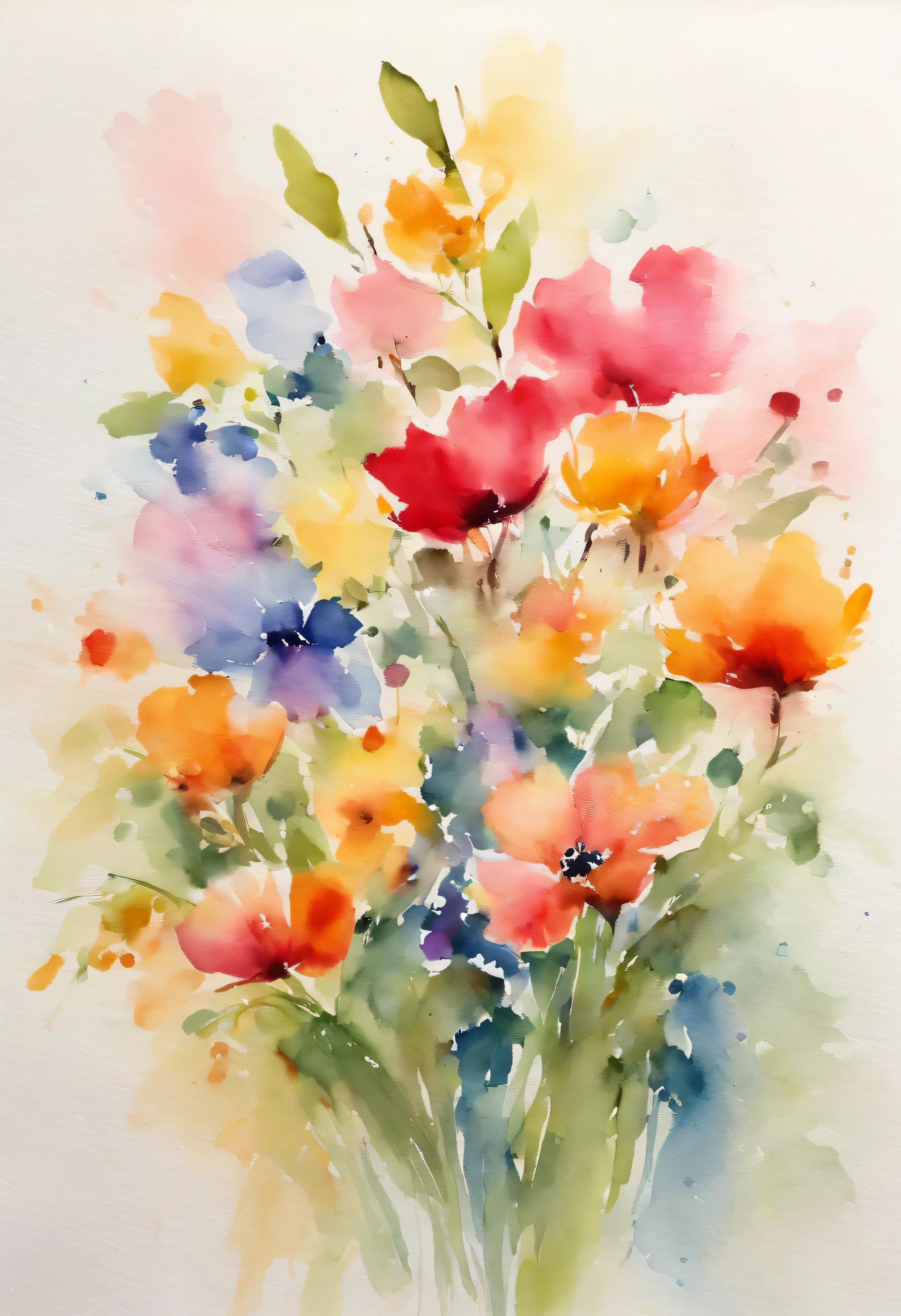 Reverse watercolor. Witch 100% Reverse watercolor , Full of Mary Cassatt&#39;Precise strokes , This image depicts a colorful watercolor painting of watercolor flowers. Many flowers are depicted, Each is painted in vibrant colors like red, Pink Color, orange, And blue. Colors that seem to flow and blend with the flowers, Create an ethereal effect. Because of the watercolor technique used, There is no clear distinction between the elements, The palette features soft edges and blended shadows.
