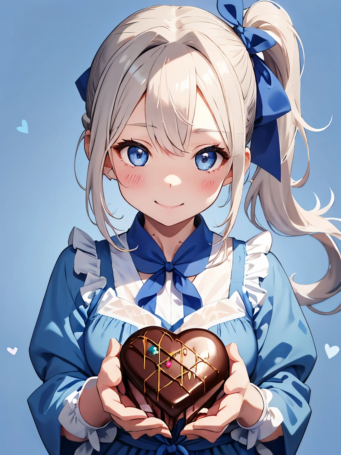 girl、((pale blonde hair))、(((Side ponytail tied around the temporal lobe:1.2)))、((The end of the ponytail is fluffy))、((BREAK))、((blue eyes:1.2))、(beautiful eyes)、((big blue ribbon in hair knot:1.35))、(Voluminous long-sleeved dress with lace)、(A shy yet triumphant look)、((BREAK))、(((Valentine)))、((holding a wrapped chocolate in his hand:1.4))、(chocolate present)、((BREAK))、((Heart line pattern background:1.2))、close up of face、smile