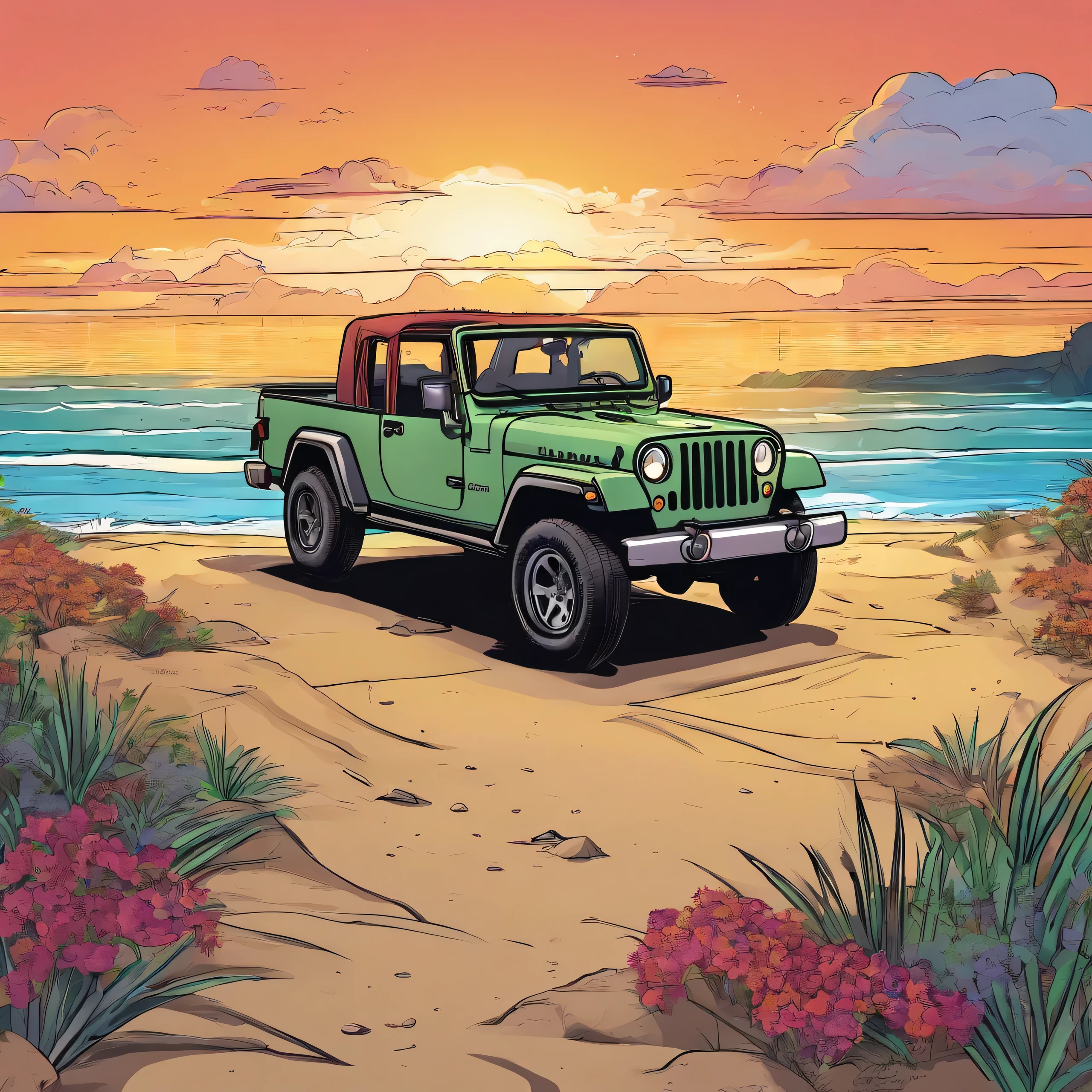 sticker design, Jeep Gladiator Gravity,  Sunset background, palmeiras, 5 layers of color, Beach by the sea,