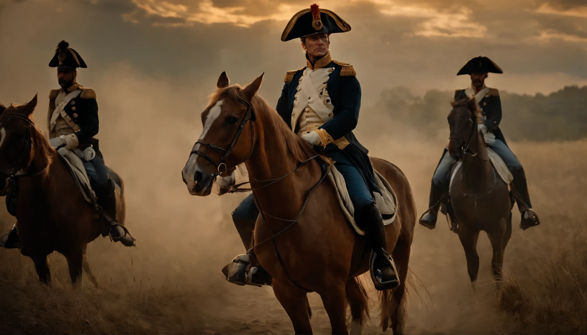 Napoleon, the iconic leader whose fate turned at the Battle of Waterloo, is showcased in this vivid depiction. The image, reminiscent of a masterfully composed painting, radiates with intricate details. Napoleon himself is portrayed with a mix of power and vulnerability, portrayed through his resolute expression and weary posture. The artist skillfully highlights the worn-out uniform, with faded gold embellishments and tattered fabric, suggesting the grandeur of the past now eroded by time. The scene evokes a sense of melancholy, as the viewer is drawn into the poignant narrative of a once mighty emperor's ultimate downfall.