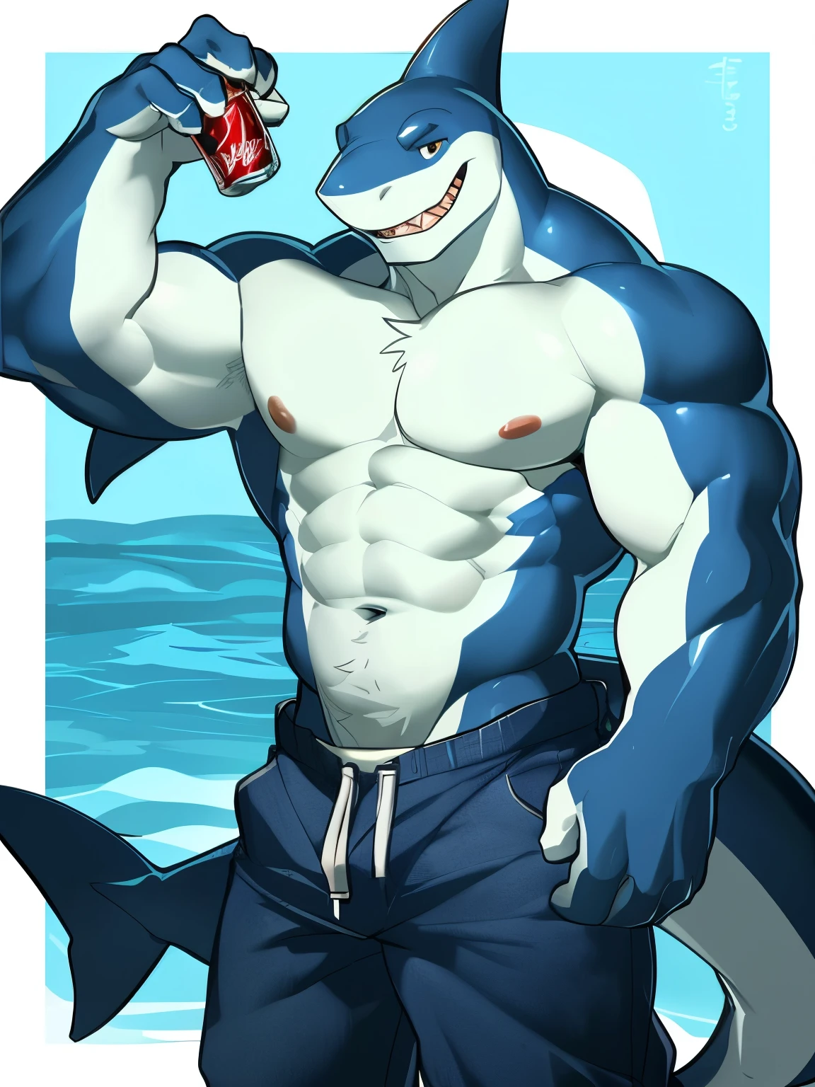 nada,(shark, finless shark), antro,4 dedos, Ojos azul aguamarina, pantalones azules, Camisa blanca, masculino, Muscular, Muscular antro, Muscular masculino, cola, afuera, planta, Cuerpo azul claro, mar, Solo, tree, (agua), decolaed background,por milkytiger1145,por Takemoto Arashi,por fantasma nulo, cold atmosphere, Sonrisa abierta, rubor azul suave desnudo