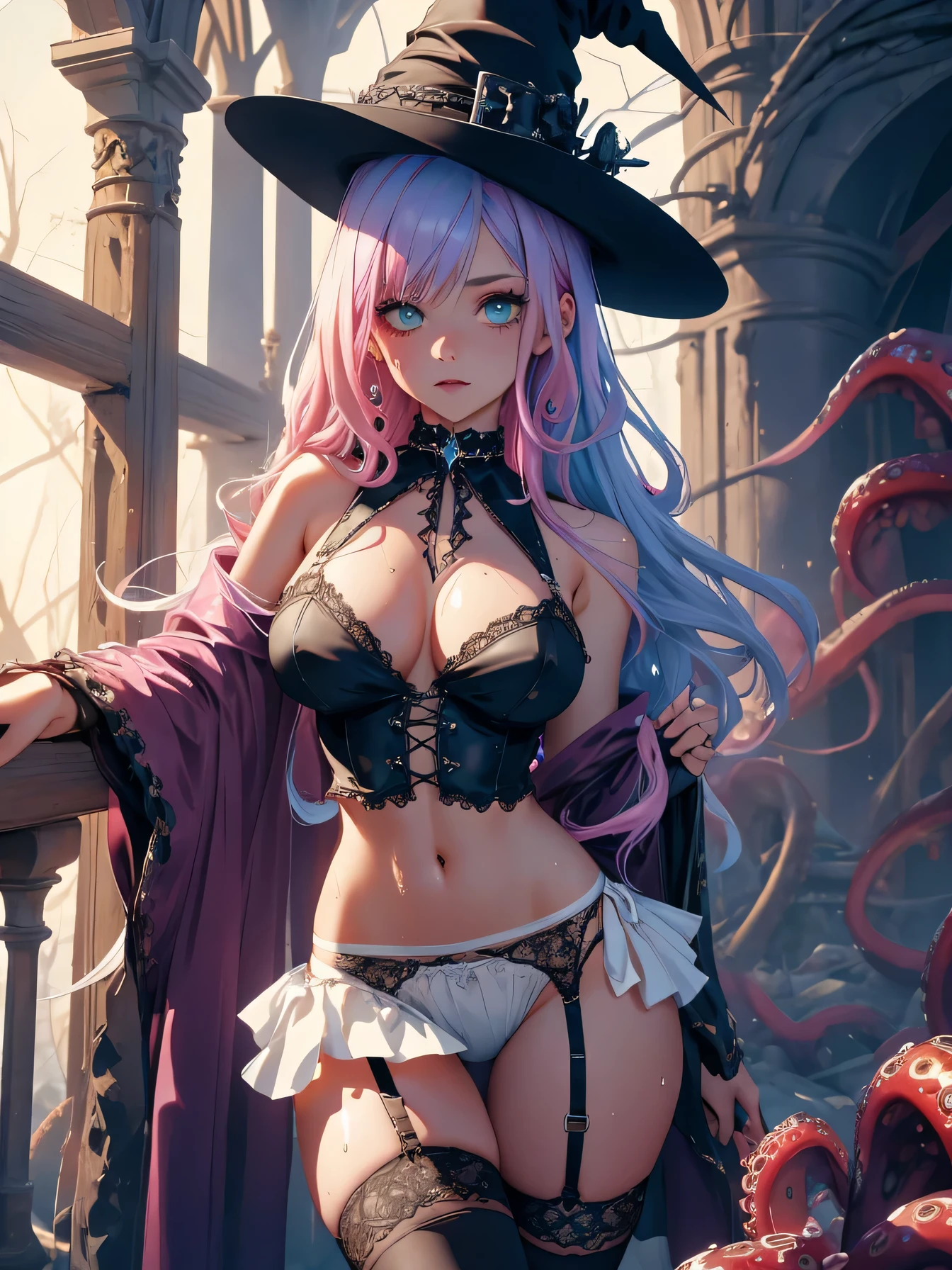 (((wizard girl, gothic style girl, wet girl))),(Two-toned hair with pink and light blue tips),(hair, realistic:1),She has long eyelashes that add to her captivating appearance, green eyes, medium and pointy breasts,(soft breasts),arms behind back, spread legs,(((girl dressed as a magician,micro skirt,cute gothic fashion))),(((white side-tie panties))),midriff peek,(garter belt,Stockings),sweat, steam,dark forest,{{{best quality, very aesthetic, ultra-detailed, extremely detailed}}}, perfect anatomy}}}, {{{{{{{{{{game cg}}}}}}}}}}, interspecies, beautiful detailed, vector trace, 8k, insanely detailed and intricate, best quality, amazing quality, very aesthetic, absurdres,(on tentacle pit),(((tentacles))),Gothic Choker with chains,thighlet,(Wizard's hat)