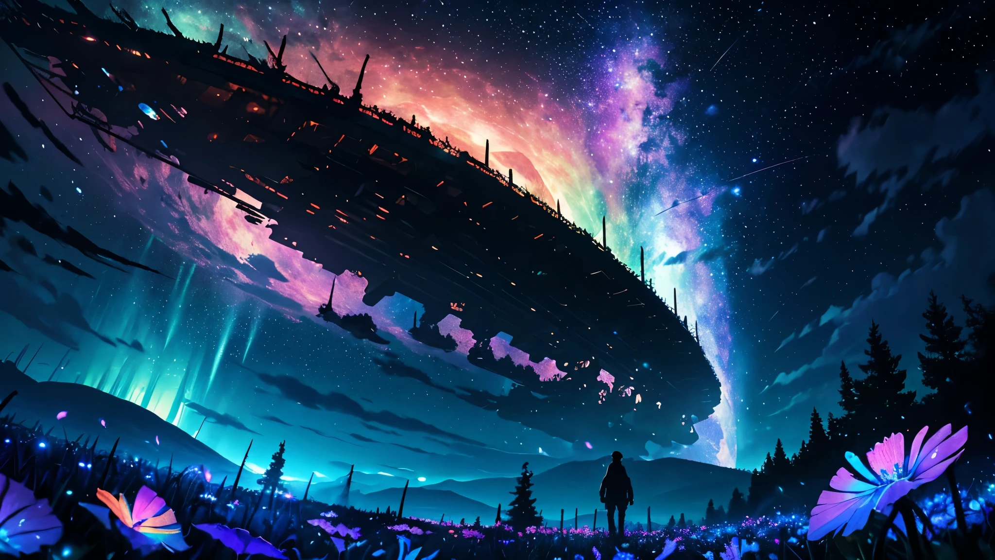 Photos of vast landscapes, (seen from below, sky and forest below),  standing in a flower field looking up, (Full Moon: 1.2), (Meteor: 0.9), (Nebula: 1.3), Distant Mountains, Tree Breaking Making Art, (Warm Light Source: 1.2), (Firefly: 1.2), Lights, Cyan and Orange, Intricate Details, Volumetric Lighting, Realism Rest (Masterpiece: 1.2) (Best Quality), 4K, Ultra Delicate, (Dynamic configuration: 1.4), High detail and colorful details, (Iridescent colors: 1.2), (Glow lighting, atmospheric lighting), Dreamy, magical, (Solo: 1.2)
