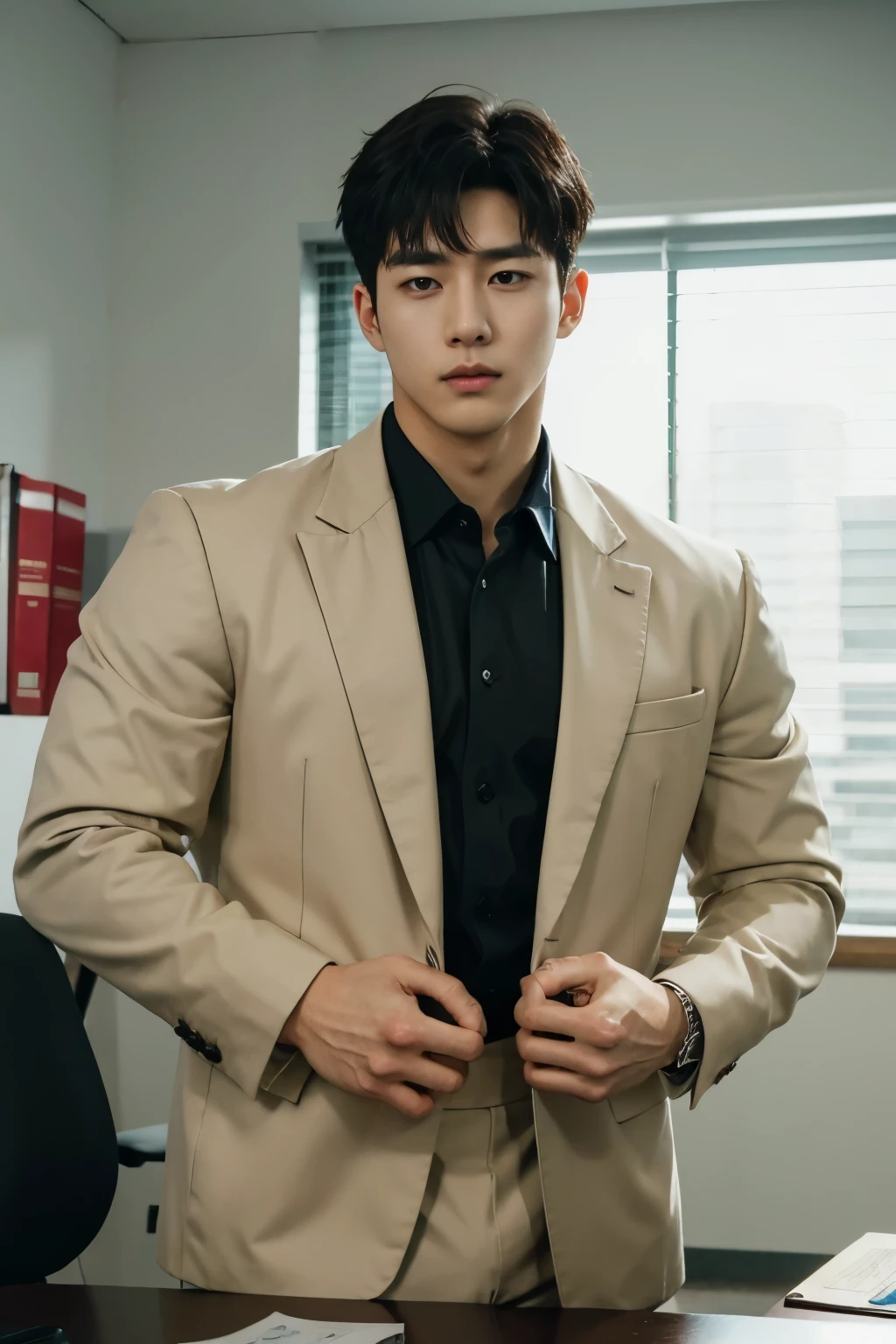 HOMEM COREANO, wearing a suit, cheavage, PEITO MUSCULAR, volume na cueca, bulge,   grande, in office, usando terno, trabalhando