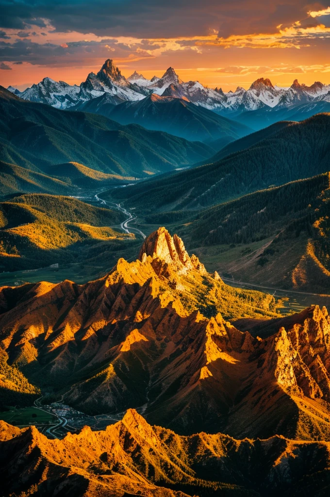 highest quality,dramatic orange sunset,There are mountains