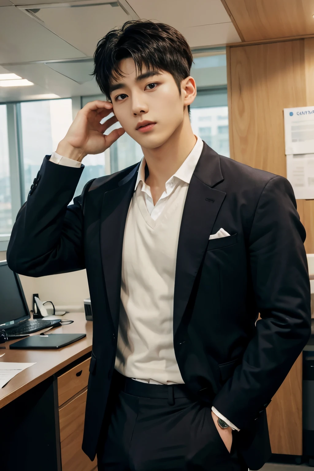 HOMEM COREANO, wearing a suit, cheavage, PEITO MUSCULAR, volume na cueca, bulge,   grande, in office, usando terno, trabalhando