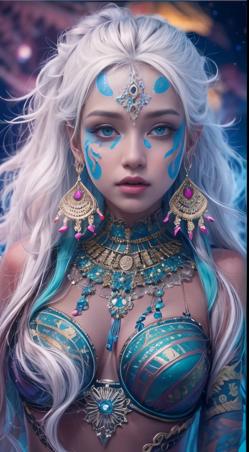 32k, full body nude view, ((without clothes)), very beautiful tribal raccoon sexy young 20 yo woman with excessive intricately detailed vivdly colorful facepaint bodypaint makeup, stunning radiant teal eyes, gorgeous white hair with pink highlights, magical night sky background