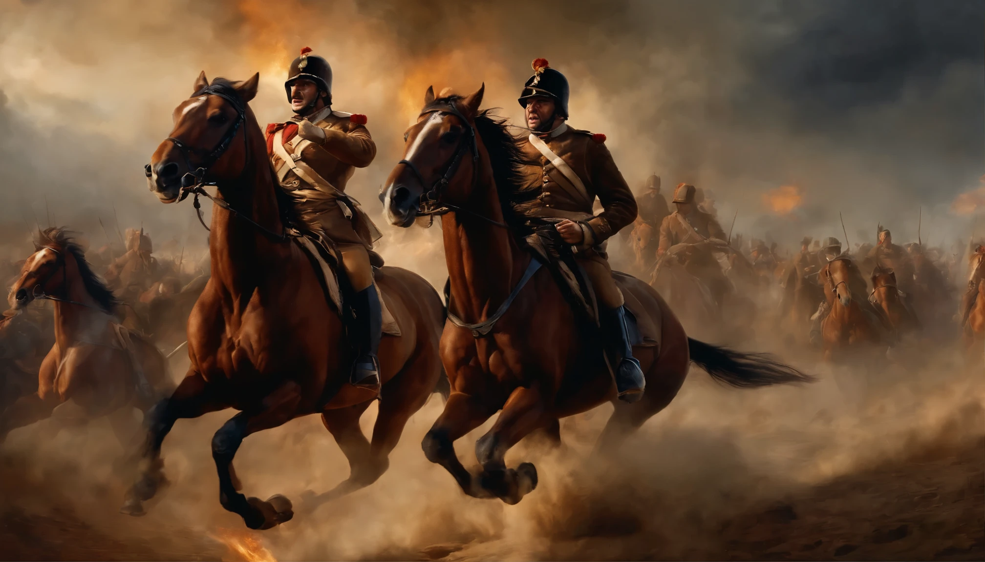 In the midst of the Waterloo battle, a monumental clash of forces that shaped history, an exquisite photo captures the heart of the conflict. The artwork vividly portrays the main subject – a valiant cavalry charge led by a heroic general atop his powerful steed. Every stroke of the painter's brush reveals intense action and raw emotion, as the horses thunder forward with muscular grace and the soldiers brandish their weapons with relentless determination. The image is imbued with a remarkable level of detail, from the billowing smoke on the battlefield to the dust kicked up by the galloping horses. The artist's masterful use of color and light transforms the scene into a breathtaking spectacle, where the fiery hues of the charging soldiers contrast with the somber blues of the darkened sky above. With its unparalleled quality and stunning portrayal of the decisive battle, this painting becomes an indelible testament to the courage and sacrifice of those who fought on that fateful d
