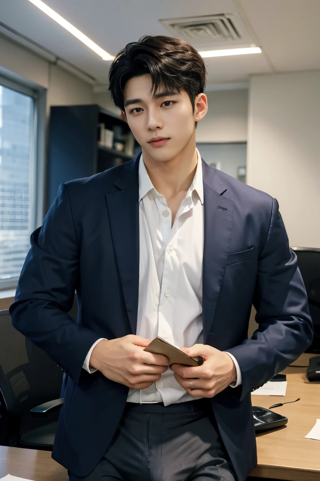 HOMEM COREANO, wearing a suit, cheavage, PEITO MUSCULAR, volume na cueca, bulge,   grande, in office, usando terno, trabalhando