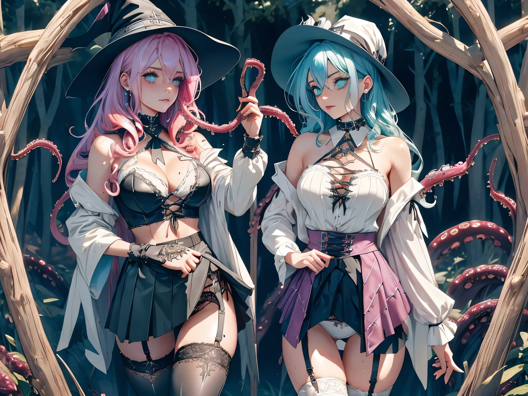 (((wizard girl, gothic style girl, wet girl))),(Two-toned hair with pink and light blue tips),(hair, realistic:1),She has long eyelashes that add to her captivating appearance, green eyes, medium and pointy breasts,(soft breasts),arms behind back, spread legs,(((girl dressed as a magician,micro skirt,cute gothic fashion))),(((white side-tie panties))),midriff peek,(garter belt,Stockings),sweat, steam,dark forest,{{{best quality, very aesthetic, ultra-detailed, extremely detailed}}}, perfect anatomy}}}, {{{{{{{{{{game cg}}}}}}}}}}, interspecies, beautiful detailed, vector trace, 8k, insanely detailed and intricate, best quality, amazing quality, very aesthetic, absurdres,(on tentacle pit),(((tentacles))),Gothic Choker with chains,thighlet,(Wizard's hat)