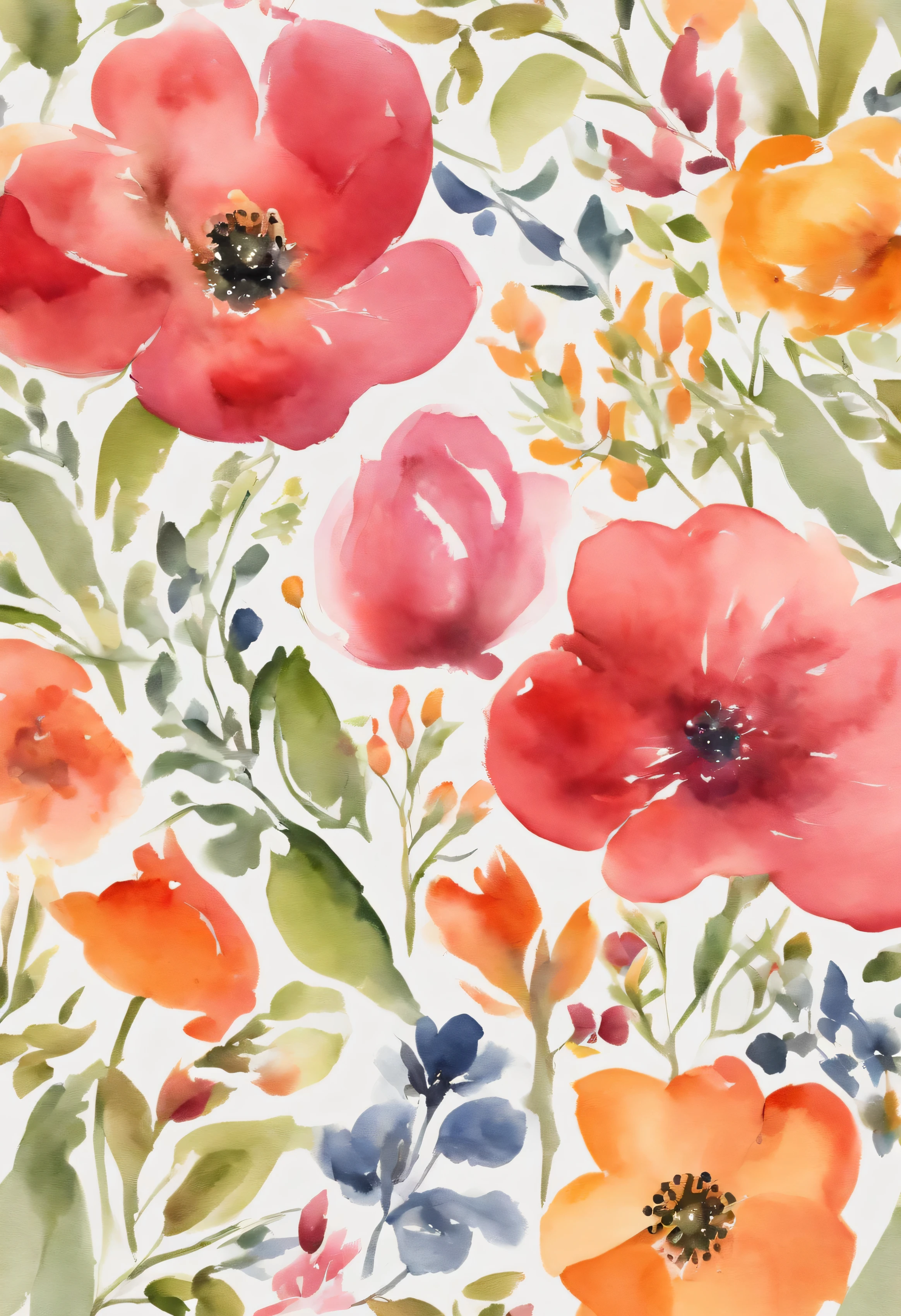 Reverse watercolor. Witch 100% Reverse watercolor , Complete Mary Cassatt&#39;Precise strokes , This image depicts a colorful watercolor painting of watercolor flowers. Many flowers are depicted, Each is painted in vibrant colors like red, Pink Color, orange, And blue. Colors that seem to flow and blend with the flowers, Create an ethereal effect. Because of the watercolor technique used, There is no clear distinction between the elements, The palette features soft edges and blended shadows.
