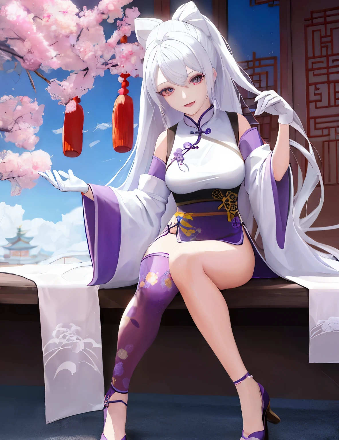 Two-dimensional painting style,24-year-old woman,White hair,put on purple robe,Long white gloves are worn on the elbows(Must be above the elbow),Chinese style architecture