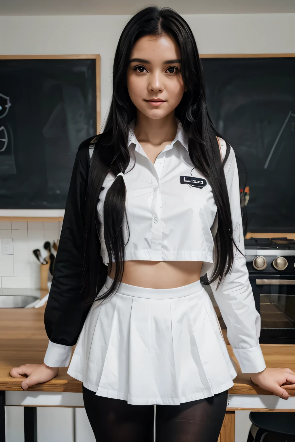 A girl in tights and a school uniform with long black hair and a white shirt, photo with electric kettle, Standing on the table ,