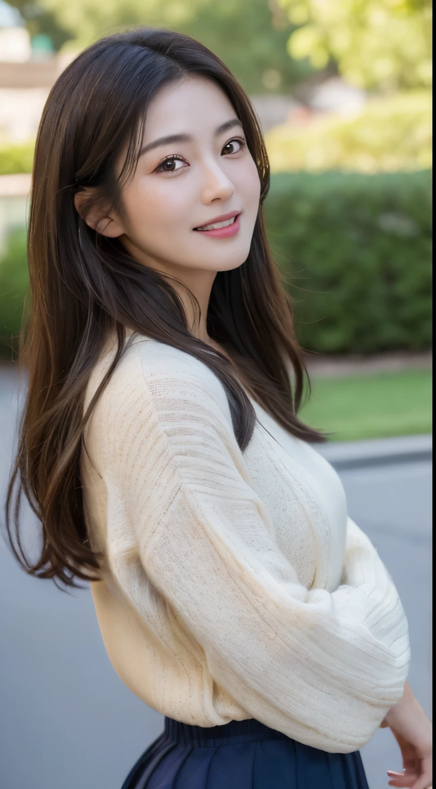 (Best quality, Masterpiece, UHD:1.4),Photo of Pretty Japanese woman,Cinematic bokeh photo,looking at viewer,(cowboy shot:1.2),(common man:1.4),
1 girl,(40 years old:1.3),(mature woman:1.2),beautiful woman,wrinkles on the skin,round face,amateur woman,smile,
long hair,brown hair,sweaters, skirts,outdoor