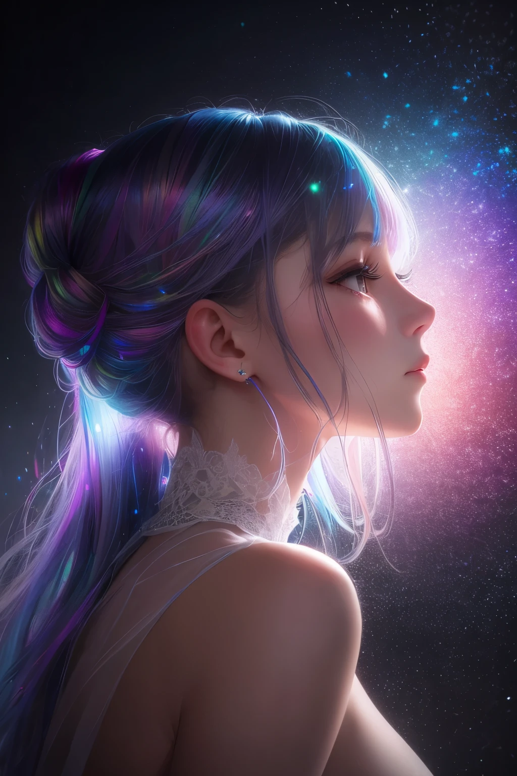 best quality, 32k, RAW photo, incredibly absurdres, extremely detailed, delicate texture, bust up of a beautiful woman with a sad expression looking back, many seven-colored light particles bursting in the fog, fantastic and mysterious, iridescent pastel colour, kaleidoscope