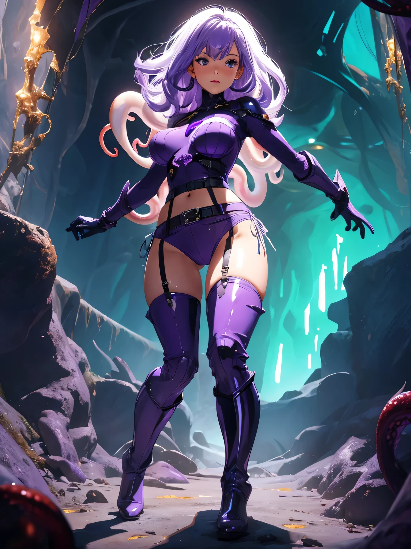 ((perfect anatomy)),((high resolution)), dark background, full body, standing, 1girl, cute and beautiful girl,solo, Futuristic, dynamic pose, medium and pointy breasts,Brown midiam hair, BREAK (((purple side-tie panties)))
BREAK midriff peek,(garter belt,Stockings),arms spread, one arm raised, heavy breathing, trembling, Trembling with fear, a woman in a silver suit, fullbody view, ((shinie silver body suit, blue knee boots, blue long gloves, belt))
BREAK fighting stance
BREAK ((in cave with tentacles)),((cthulhu mythos)),((from below)),(evil and dark goblins being watched),abhorrent,(on tentacle pit),(((tentacles)))