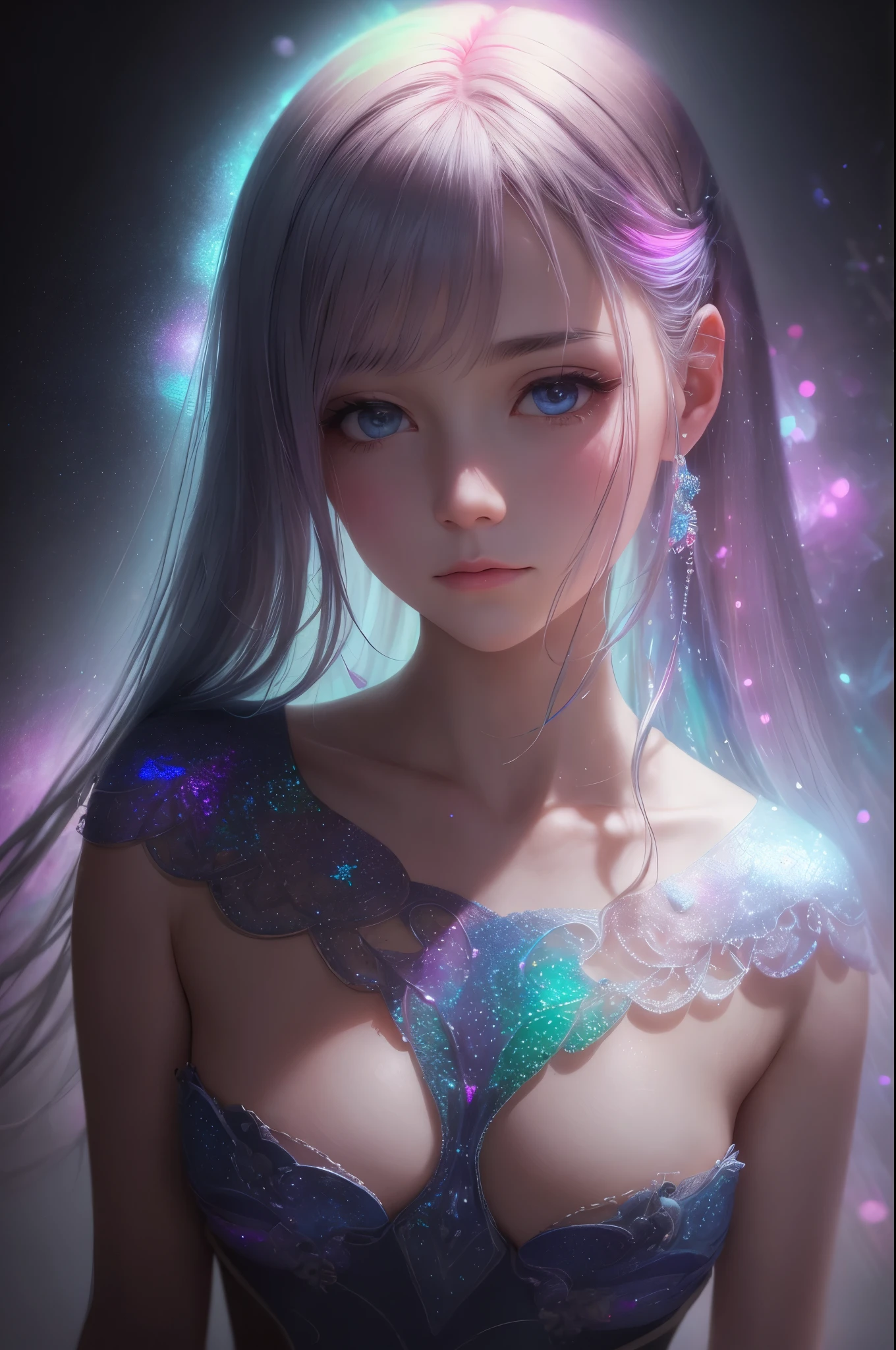 best quality, 32k, RAW photo, incredibly absurdres, extremely detailed, delicate texture, bust up of a beautiful woman with a sad expression looking back, many seven-colored light particles bursting in the fog, fantastic and mysterious, iridescent pastel colour, kaleidoscope