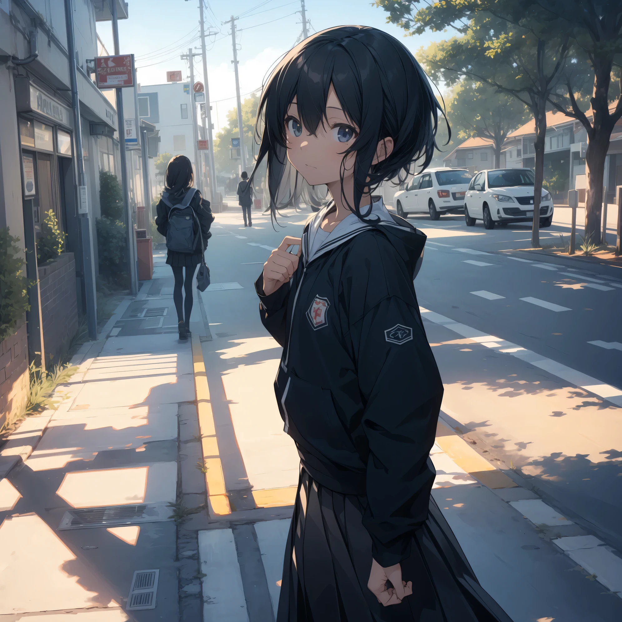Super high quality by the art god, super detailed, High resolution, Shinkai Makoto style, anime moe art style, best anime 8K konachan wallpaper, pixiv contest winner, perfect anatomy, break,(眠そうにalone学校へ行く女の子を描いてください. ),view from above,break, 1 girl, (alone,little woman, ta, , 13 y),All limbs, full finger,, The charm of an immature body, (very short hair), flat chest, small ass, between legs, Small black eyes, beautiful and fine eyes, Well-proportioned iris and pupils, expressive eyes, High resolutionの詳細な髪, wearing school uniform, (skirt),(detailed lighting), (detailed background), On the way to school. break,super dense skin, Best lighting by famous artists, 8K, figure,UHD, rough skin